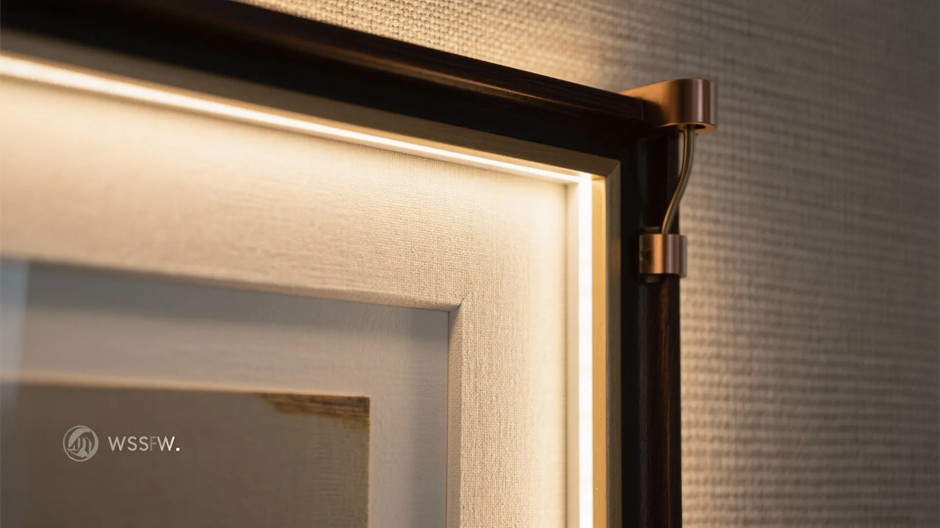 Close up of a wood picture frame with built in light strip on a grey wall