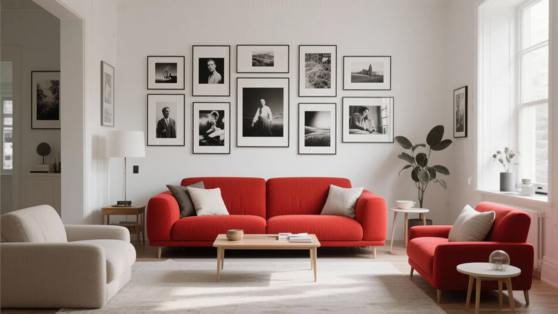 Modern white living room with red sofa, wood coffee table, and a large gallery wall