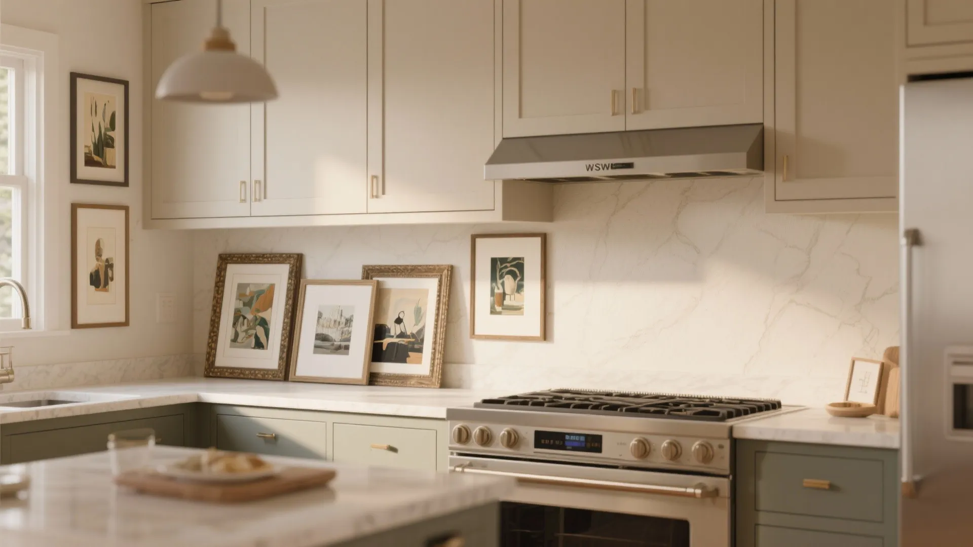 Modern cream kitchen with artwork on white marble backsplash and green cabinets under soft light