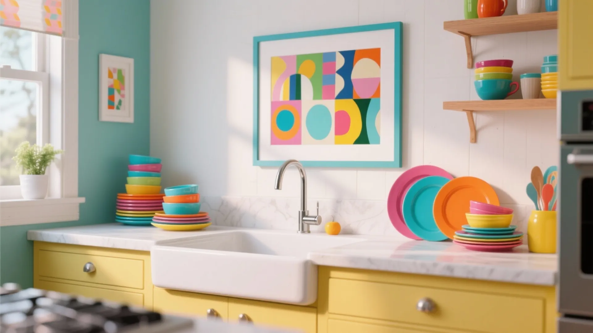 Kitchen sink area with colorful framed print above