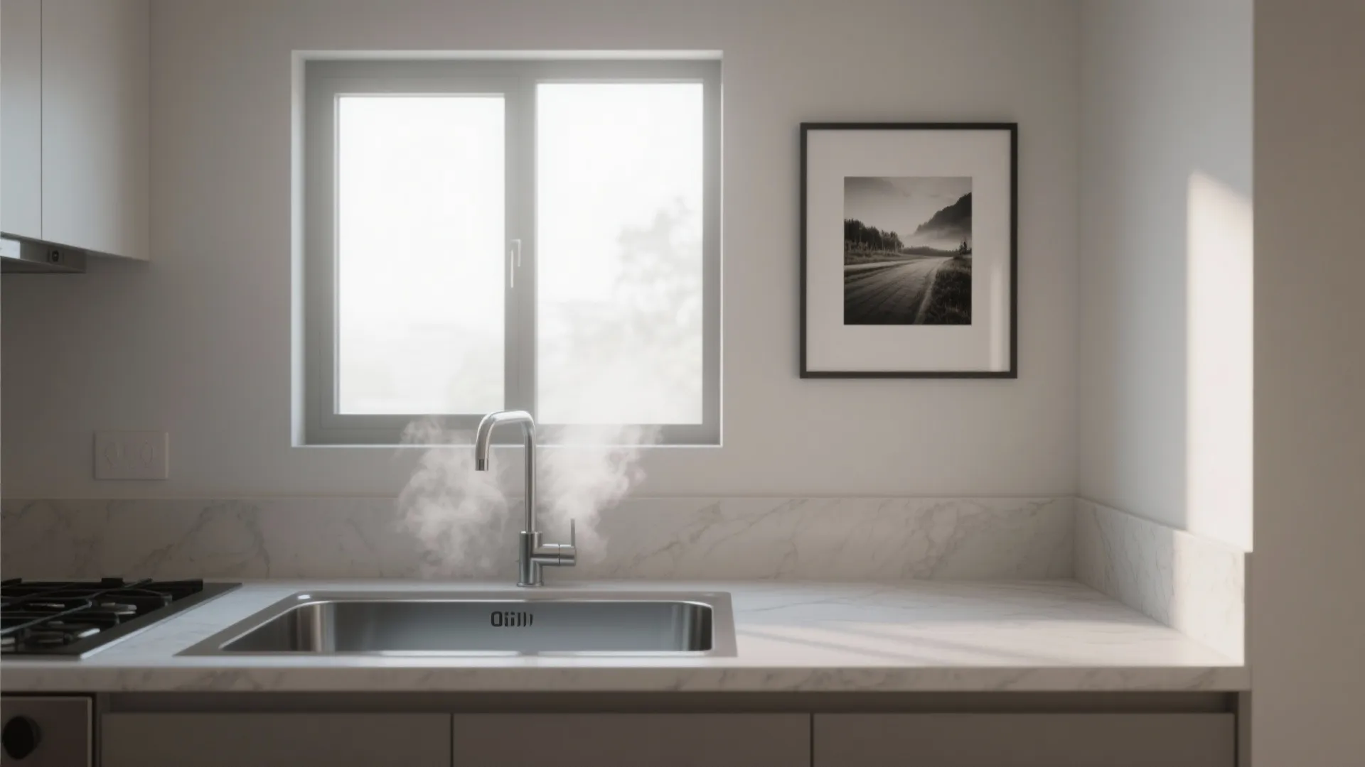 Minimalist kitchen sink with marble countertop steaming water and black and white landscape wall picture