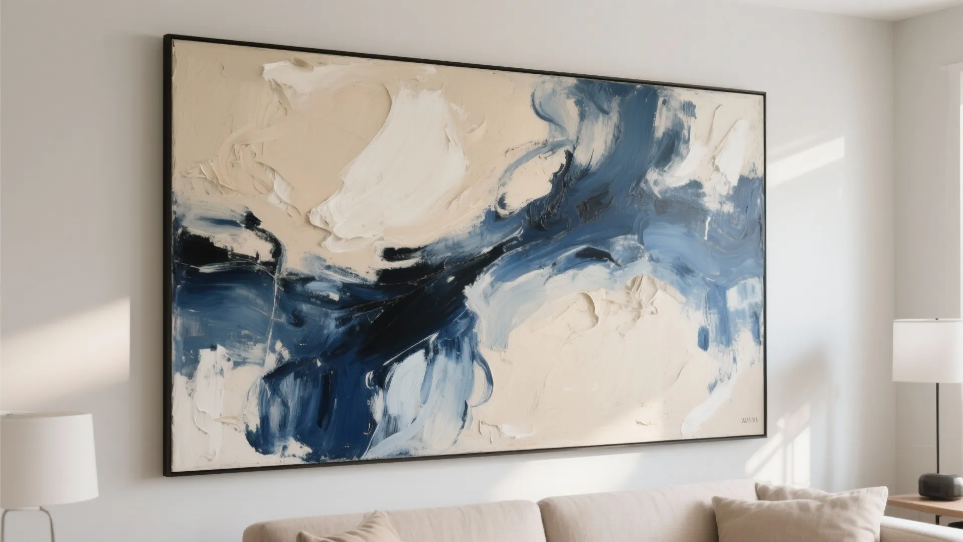 Abstract wall art with blue and beige oil paint brush strokes in a modern living room
