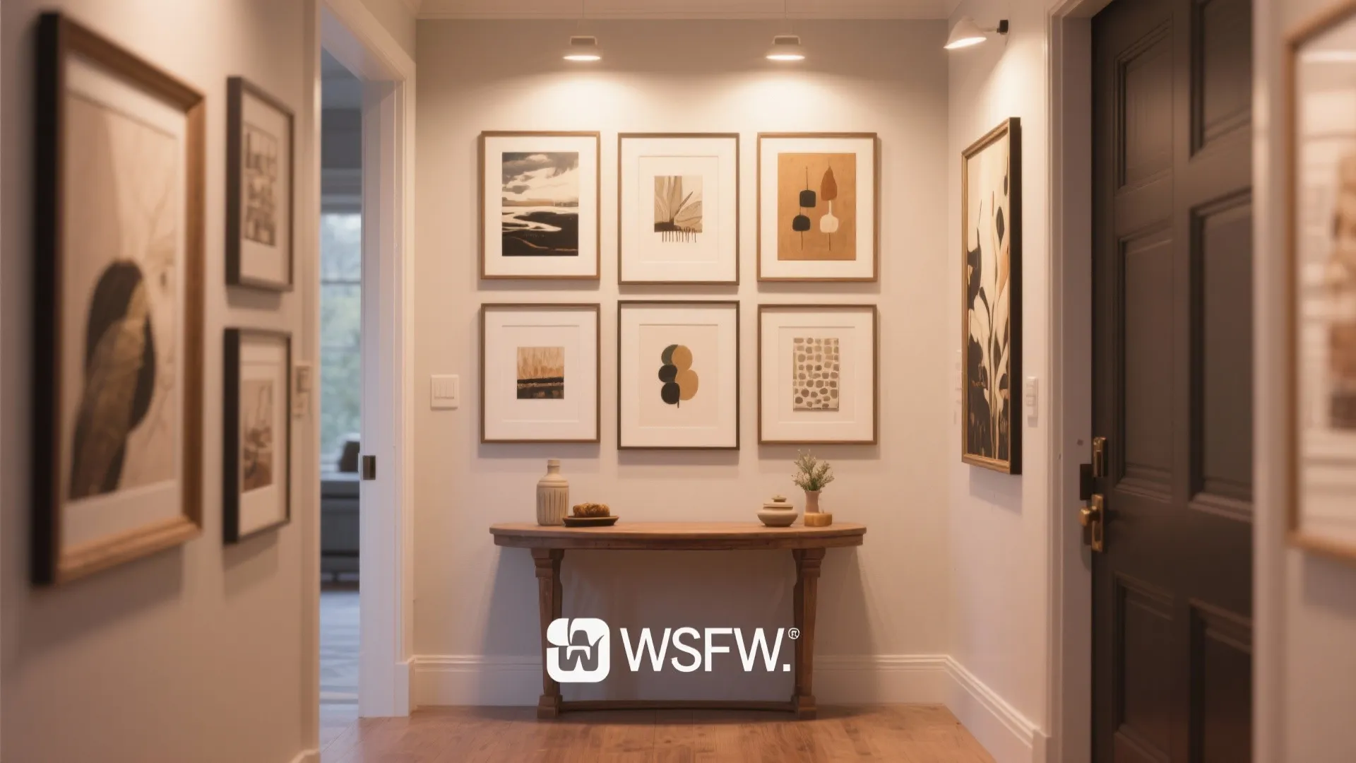 Entryway with gallery wall of framed artwork
