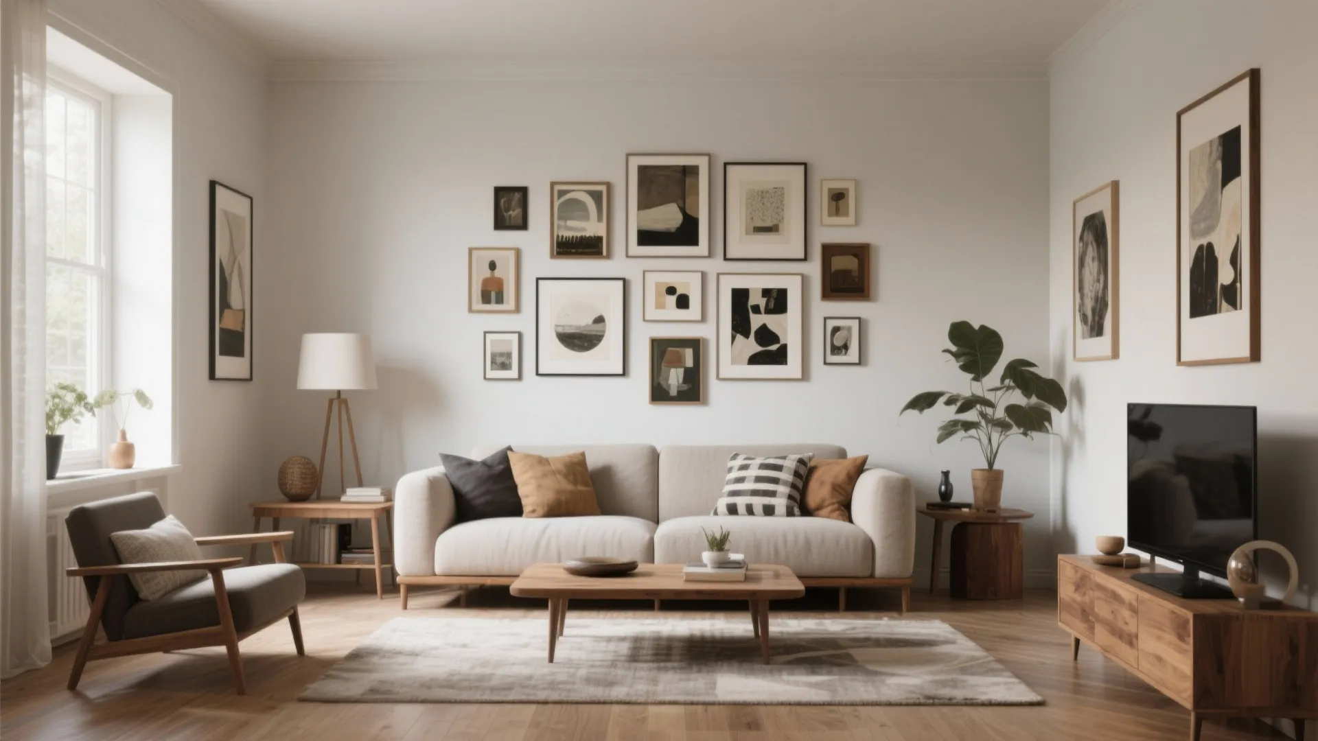Bright living room featuring gallery wall art beige sofa wooden furniture green plants and natural light