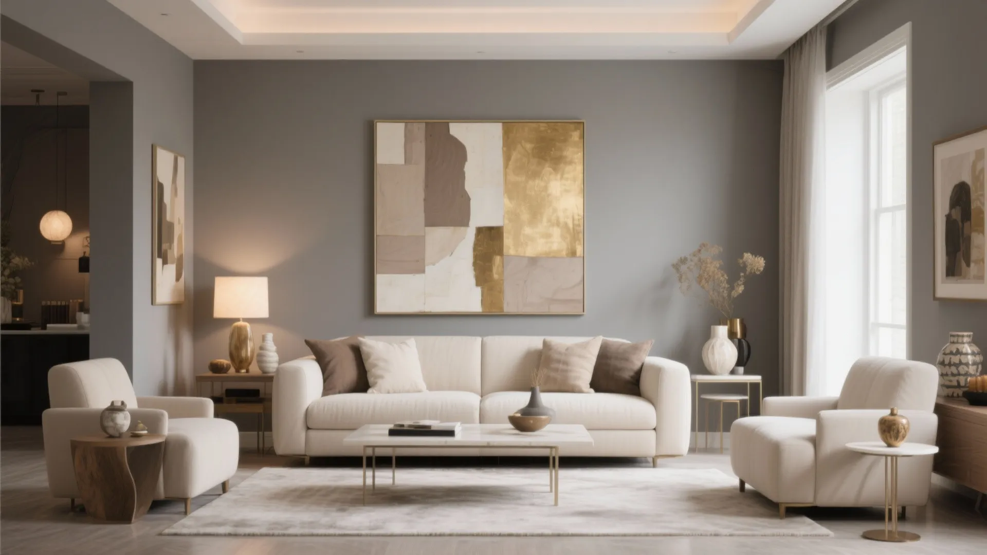 Modern living room with a cream sofa grey walls abstract art and a marble table
