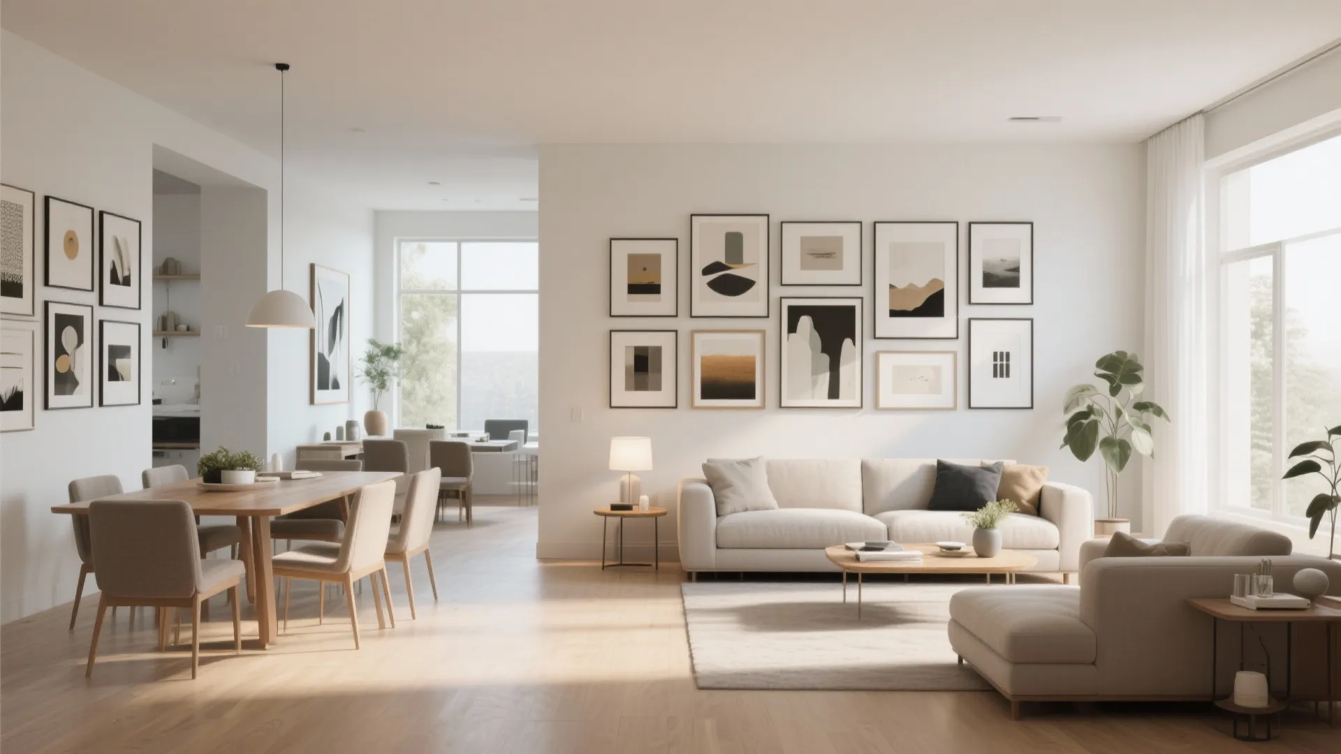 Bright living room with white sofa and many framed pictures on the wall near dining