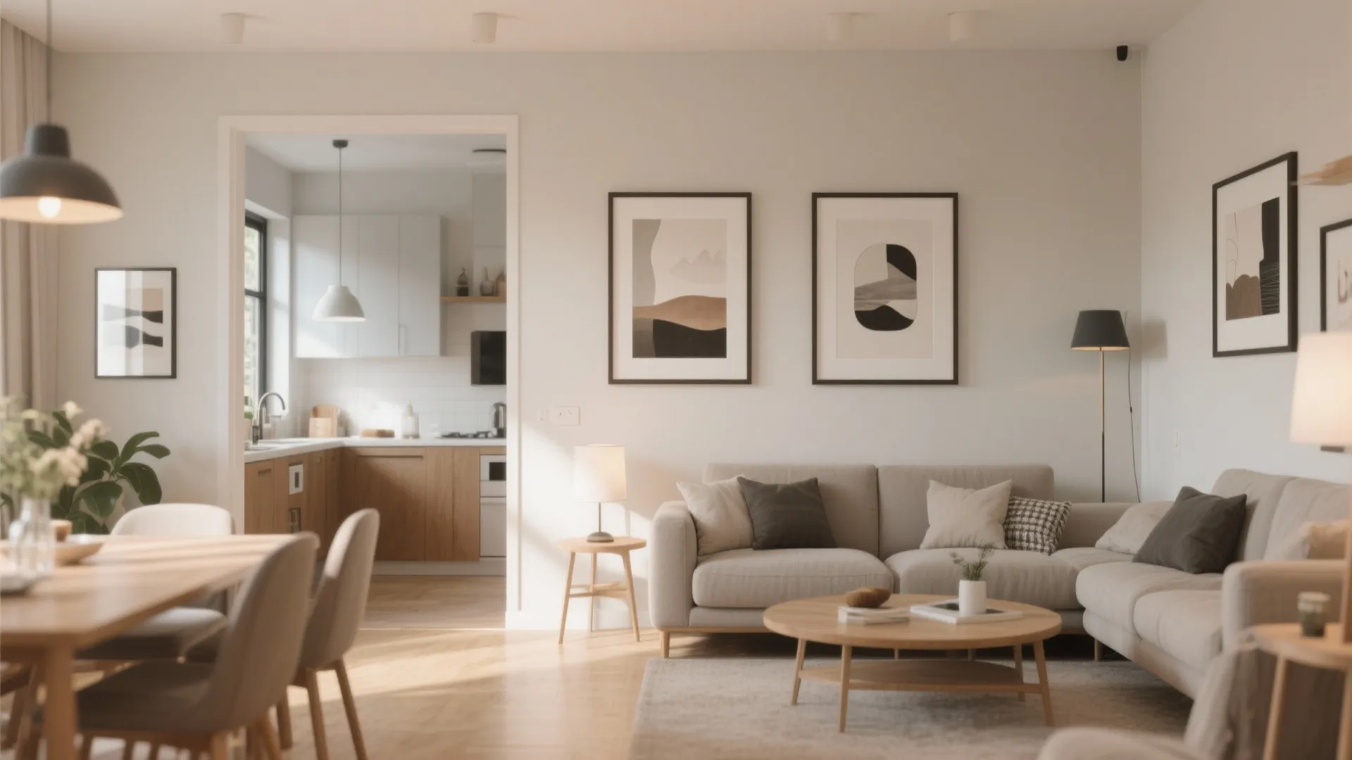 Modern living room with beige sofa framed wall art coffee table and kitchen in background
