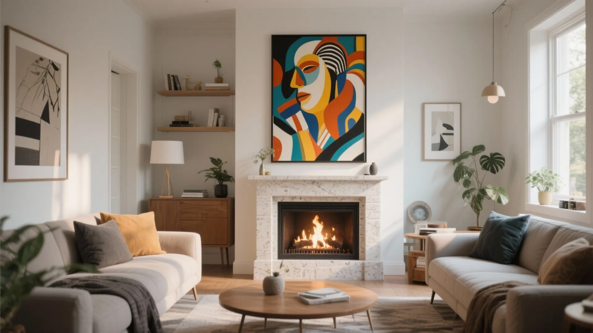Bold artwork above fireplace in small modern living room