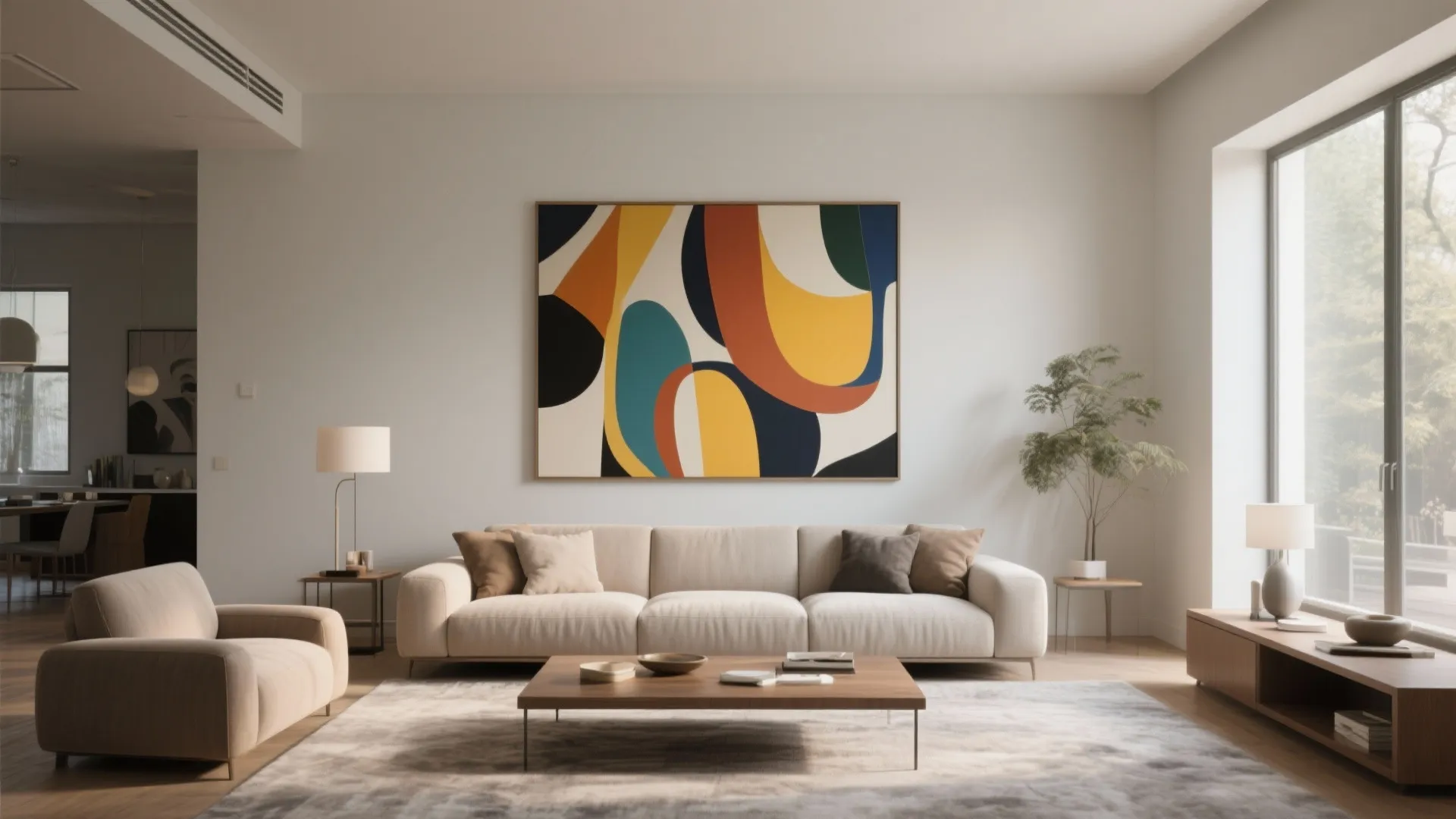 Living room with bold abstract artwork above sofa