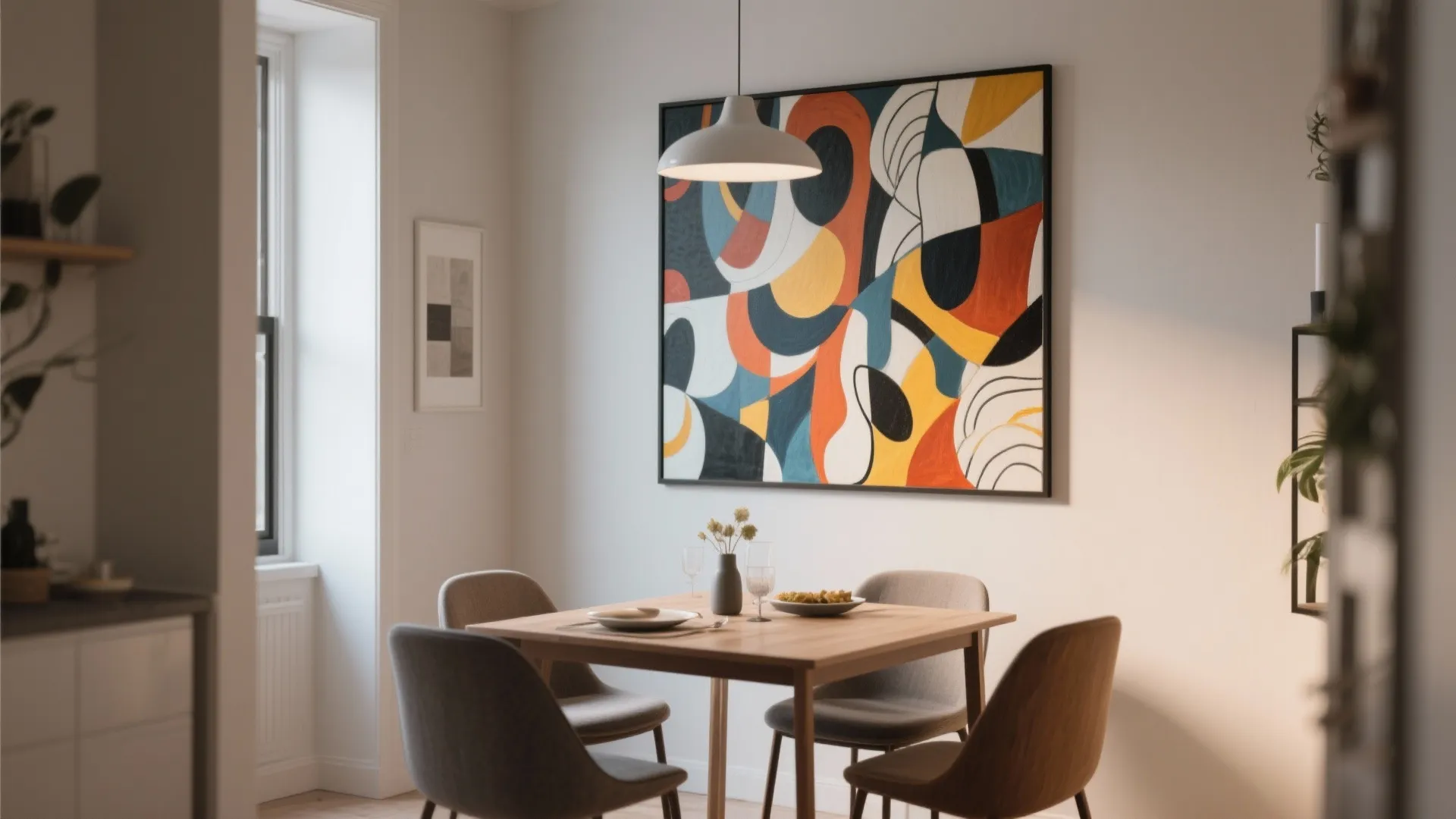 Modern dining area with colorful abstract wall art and wooden table and four grey chairs