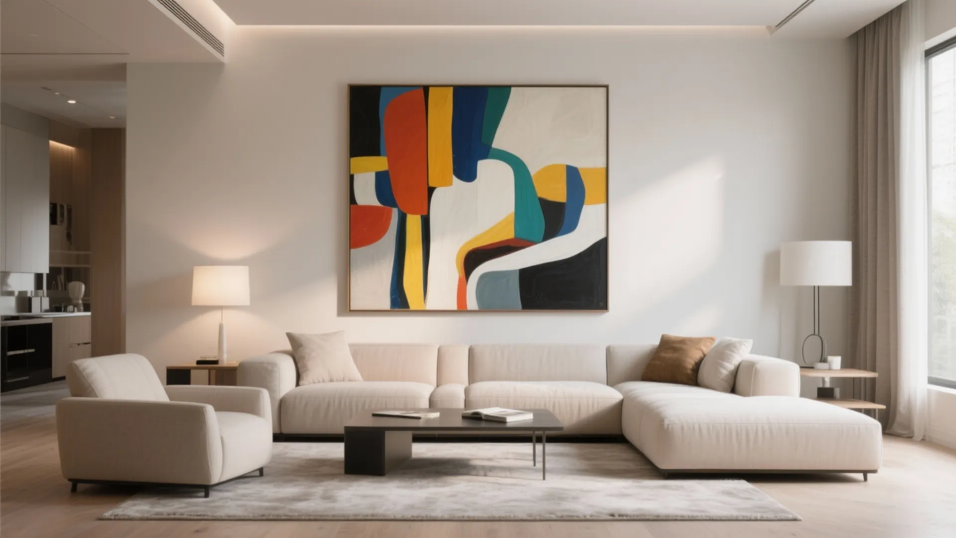 Modern living room with colorful abstract painting above white sofa and black coffee table design
