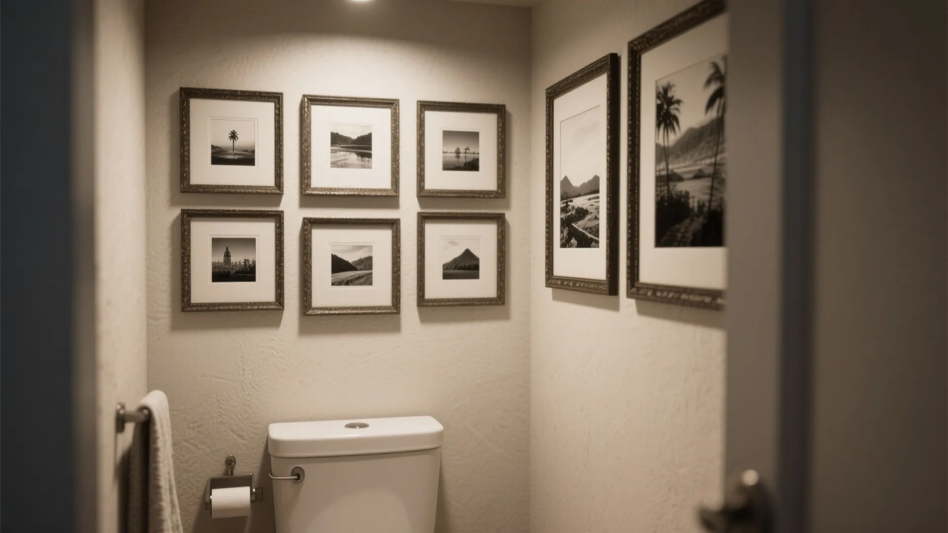 Simple small bathroom with white toilet and several framed pictures hanging on the beige painted wall