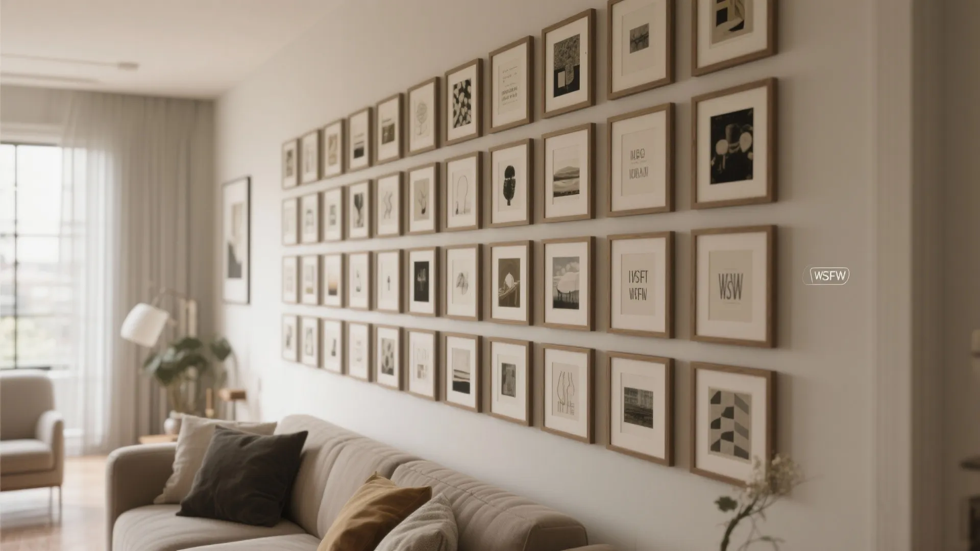 Modern living room with a large grid of framed pictures on a white wall above sofa