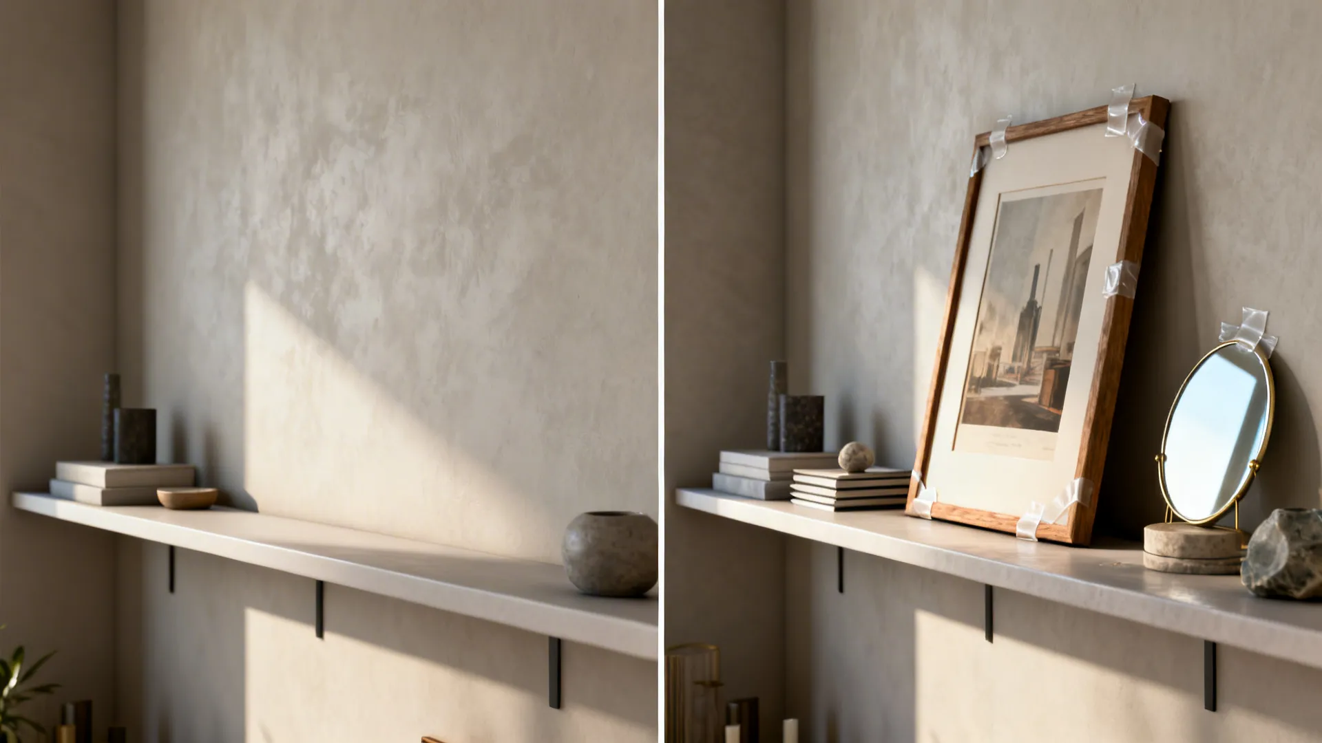 Before-and-after of a narrow shelf transformed by leaning artwork and a small mirror to add depth.