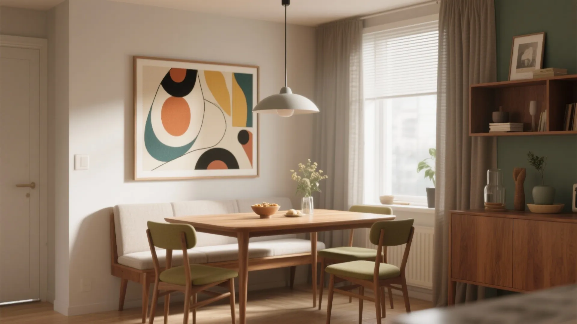 Modern dining room featuring wooden table green chairs abstract wall art and a grey ceiling light