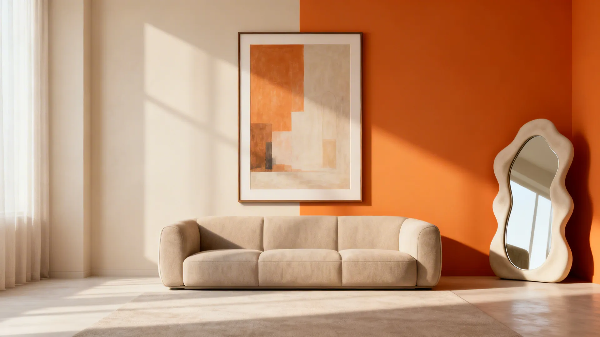 Oversized artwork centered on an orange accent wall with ample negative space