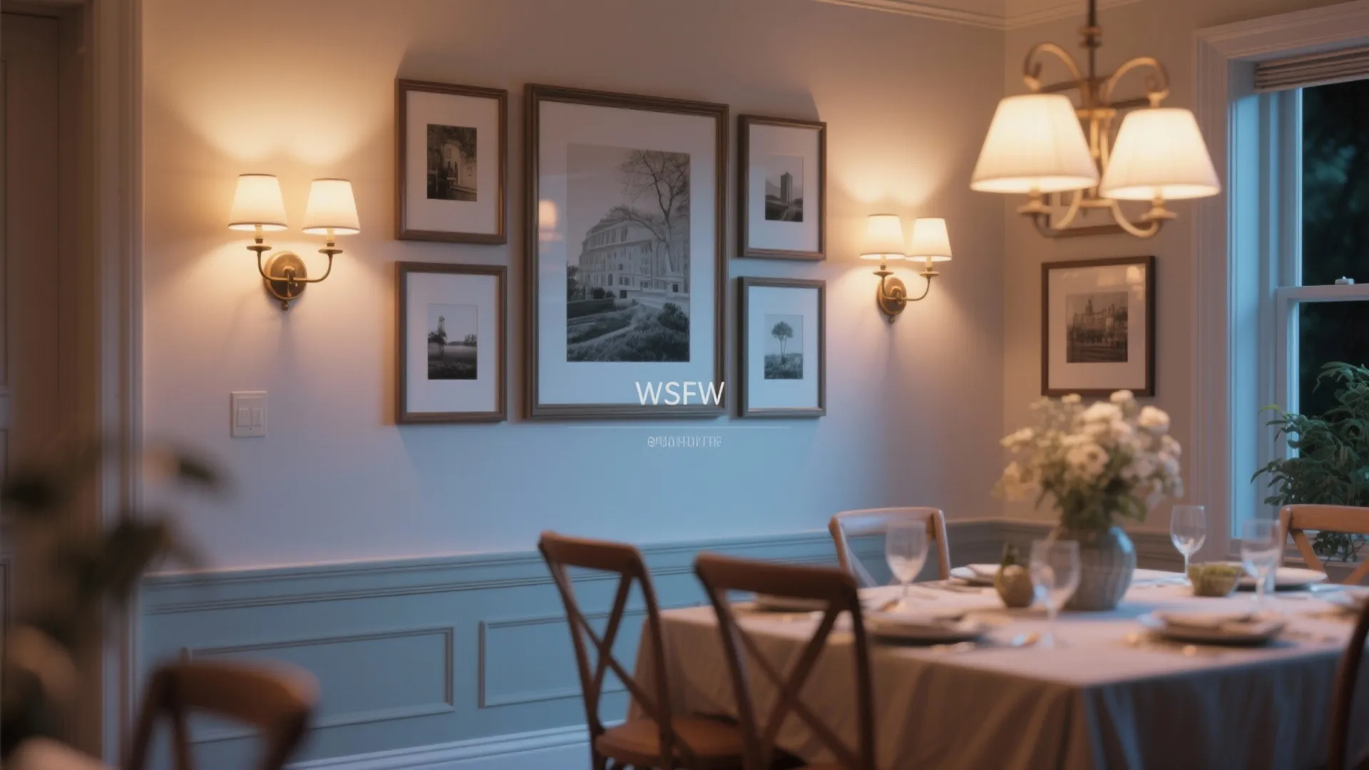 Gallery wall in a dining room lit with picture-style sconces