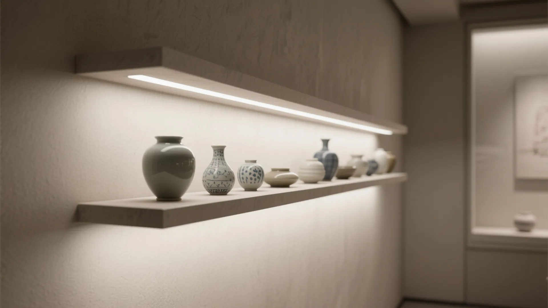 Floating shelf with ceramic pieces under narrow grazing light creating museum-like emphasis