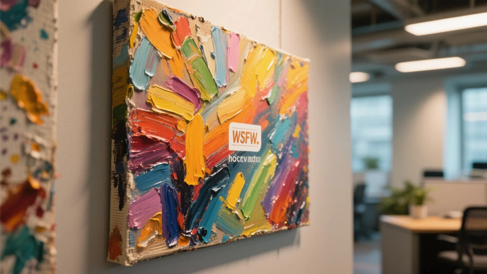 Colorful textured abstract oil painting hanging on a white wall in a modern office space