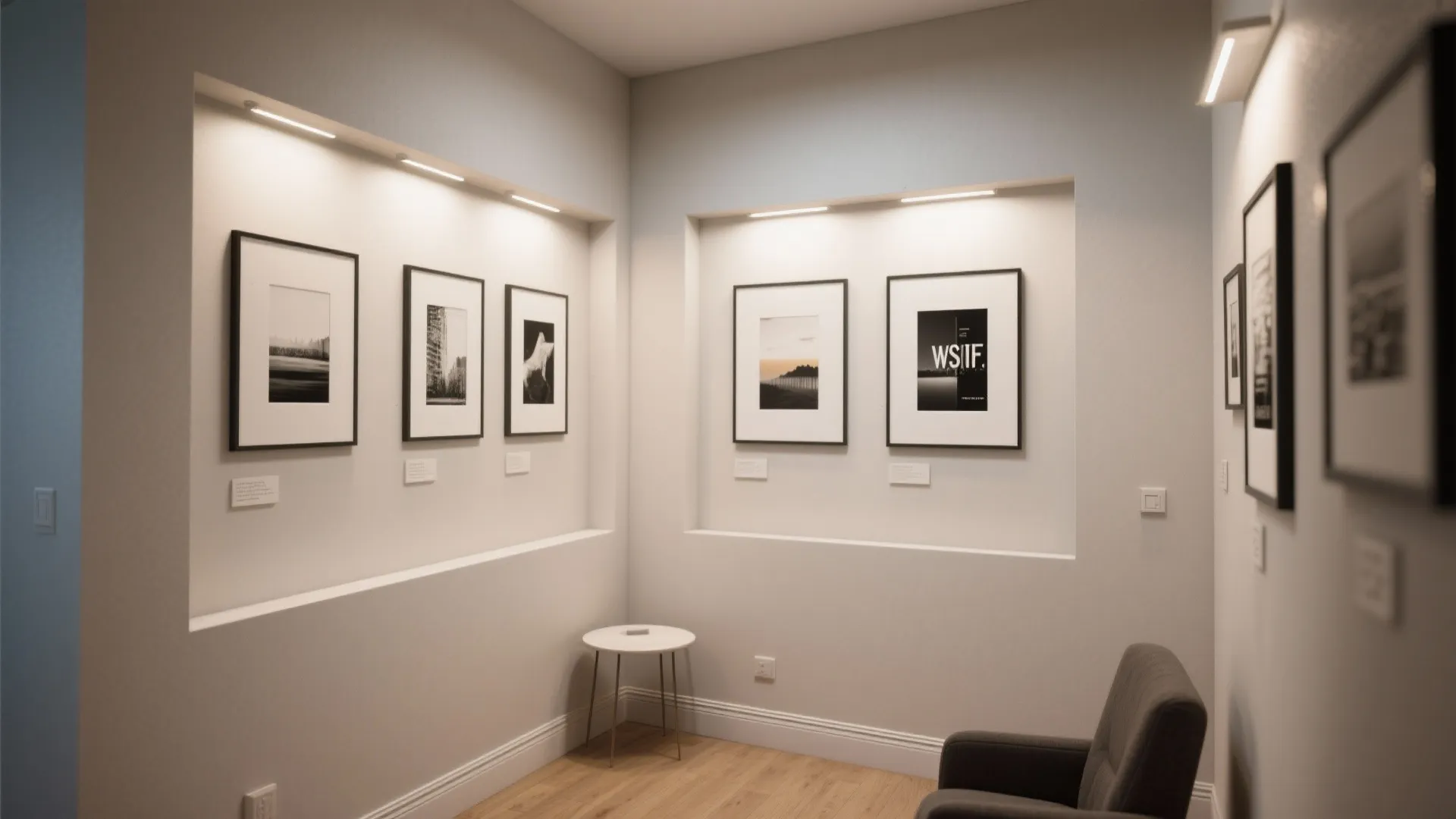 Small apartment display wall with recessed wall washers evenly illuminating framed artwork.