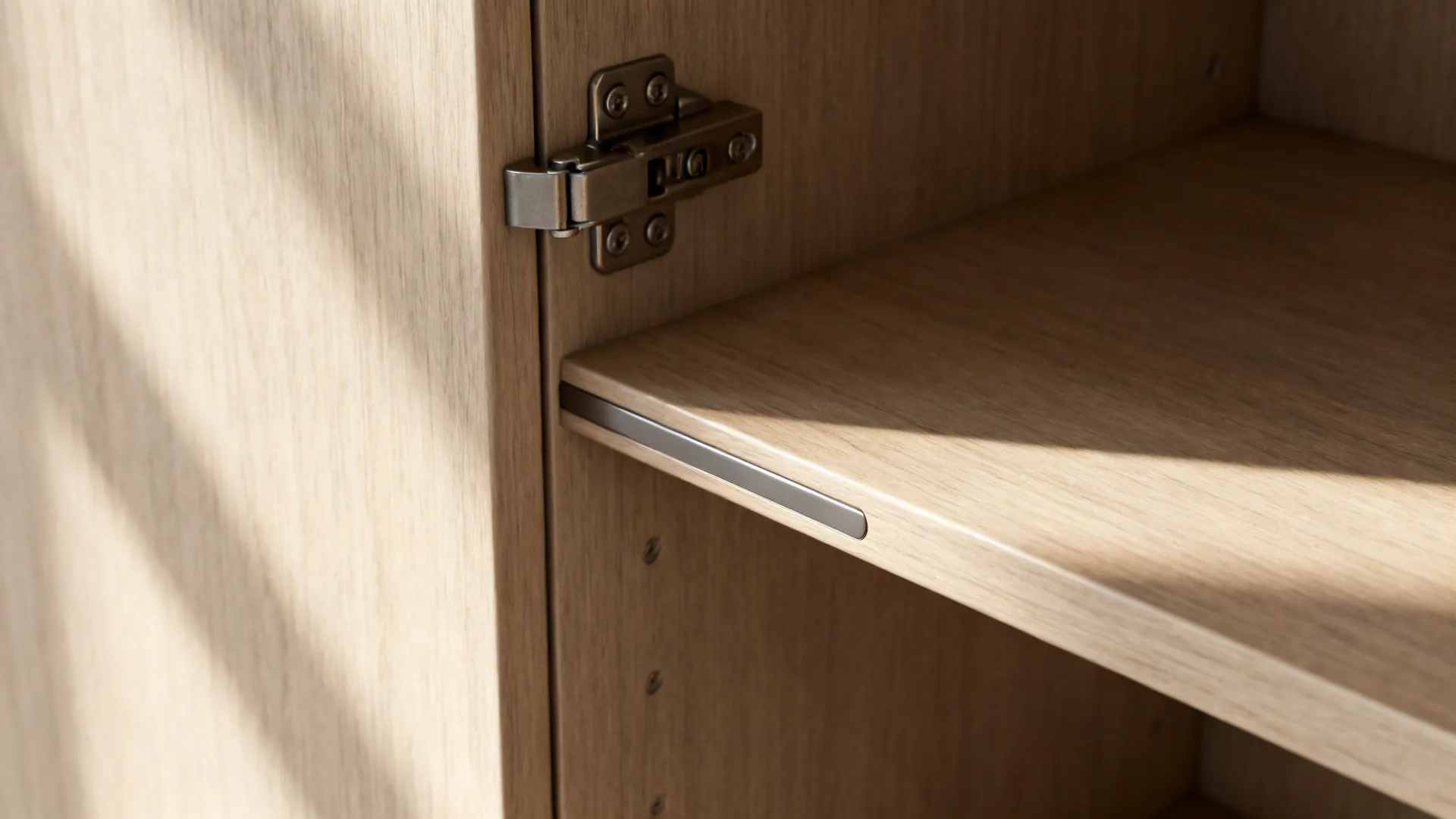 Macro detail of light-ash cabinet grain with concealed hinge and sealed shelf edge for humidity control.