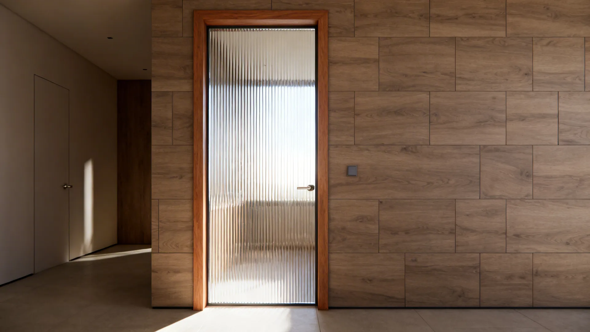 Ash wood tile feature wall with a slim fluted-glass inset framed by matching trims.