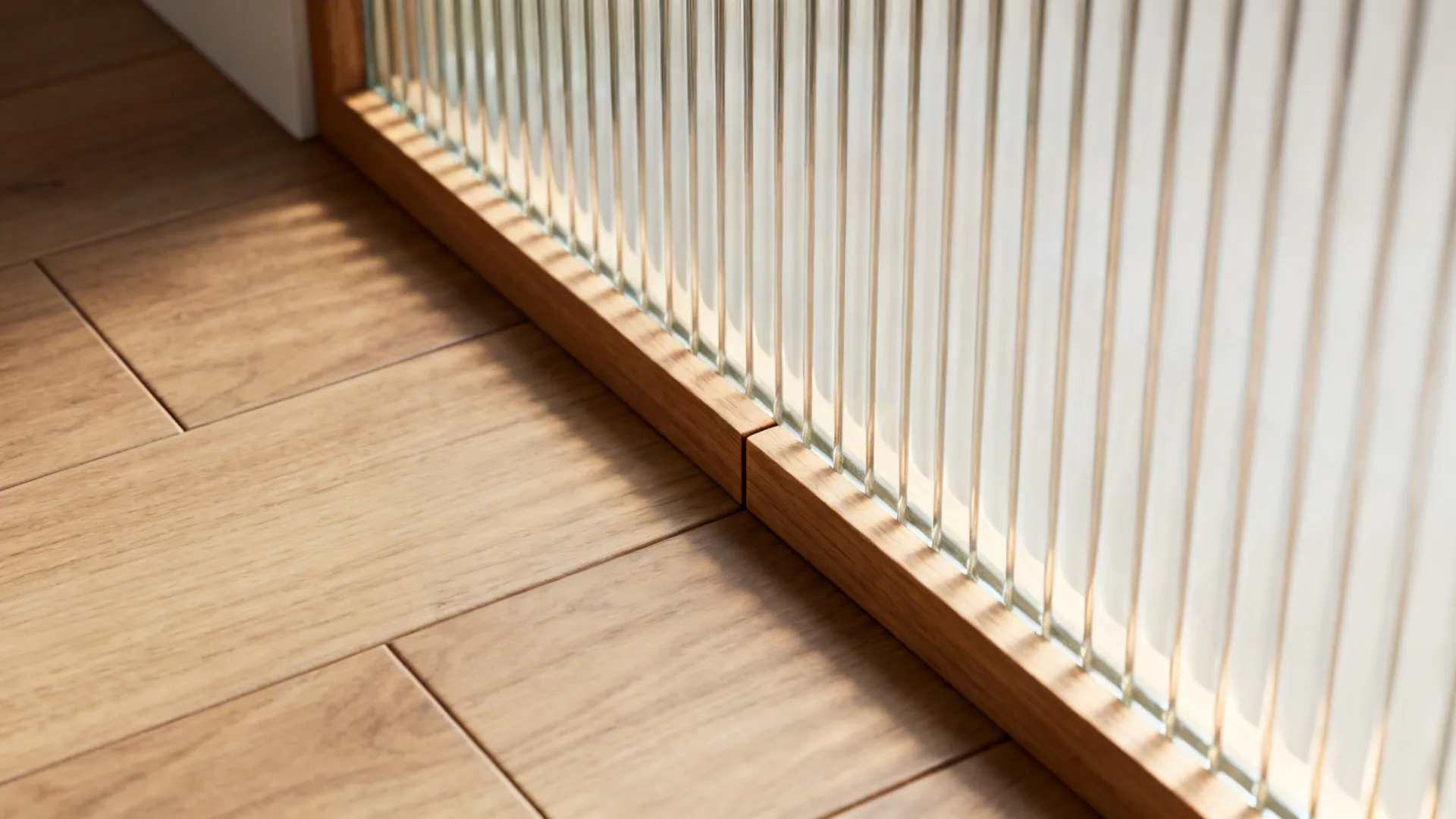 Macro of ash wood tile to fluted-glass transition with clean trims and diffused light.