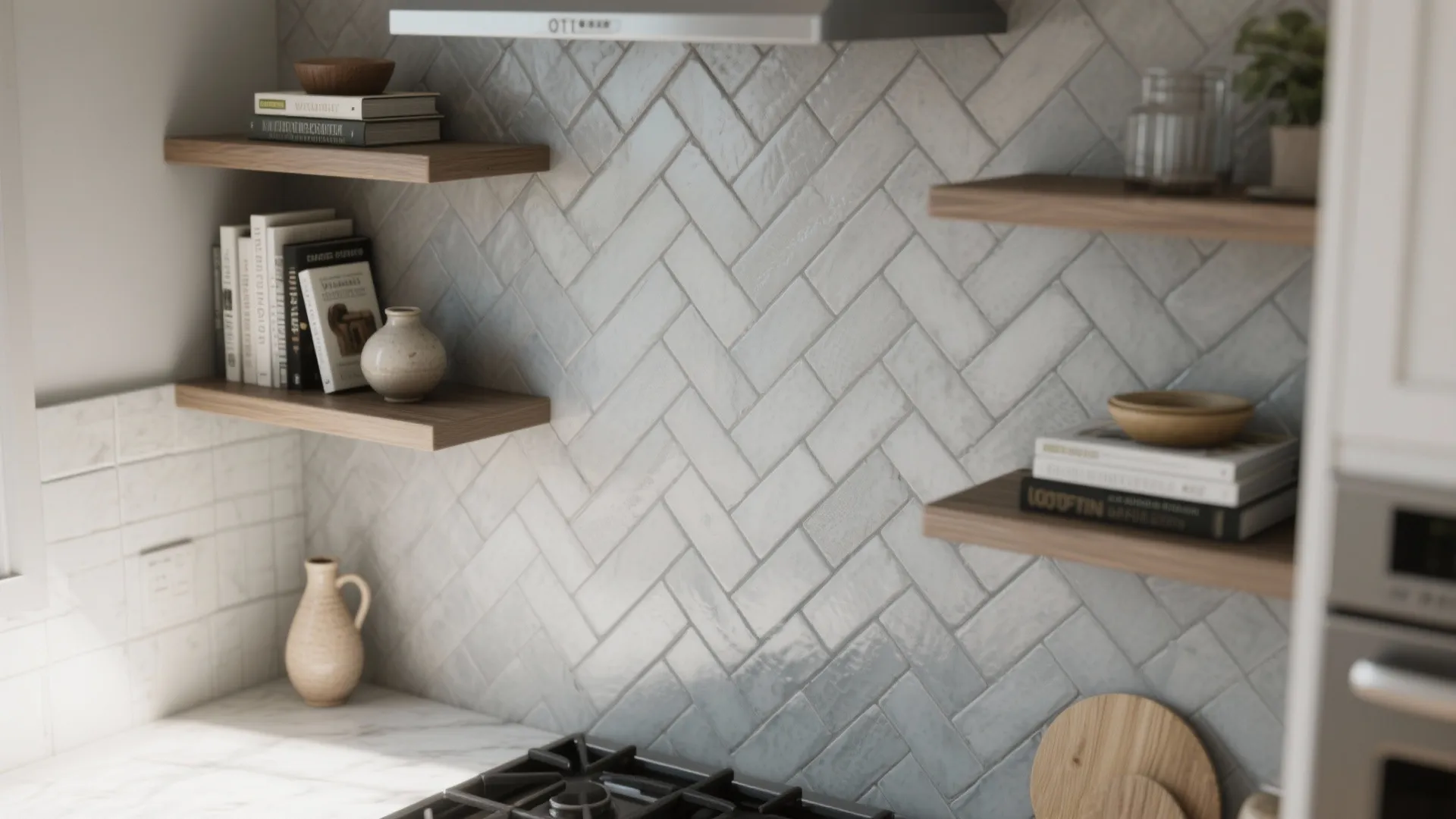 Light grey kitchen wall tiles in herringbone pattern with wooden shelves holding books and decor