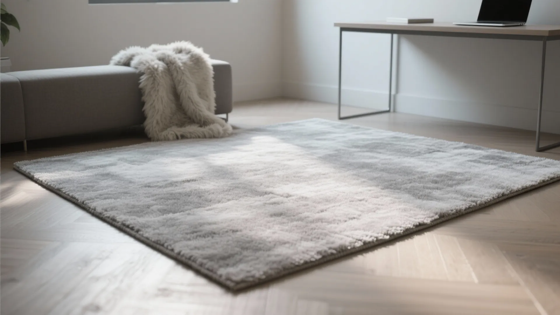 1. Light ash gray, low-pile rug for multi-use rooms