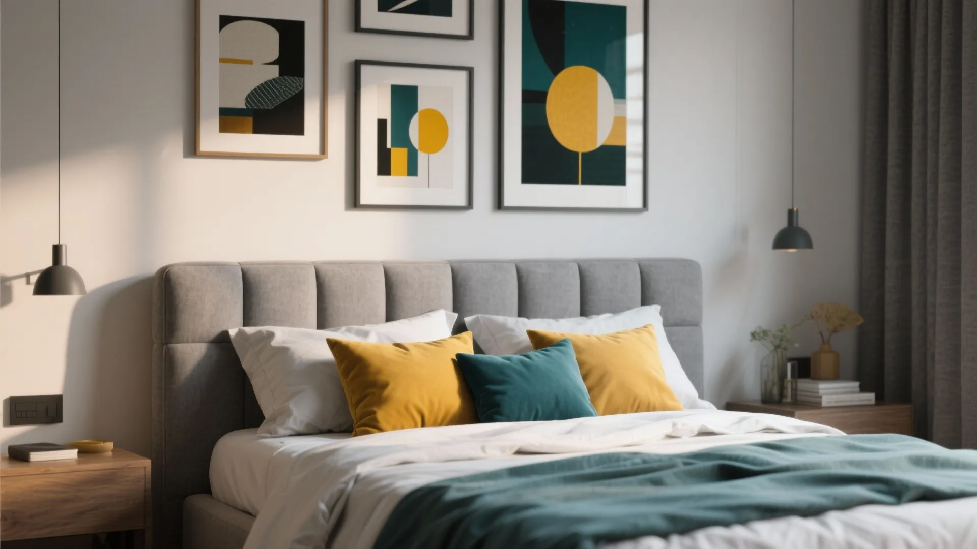 3. Ash Grey Upholstered Bed + Pops of Color