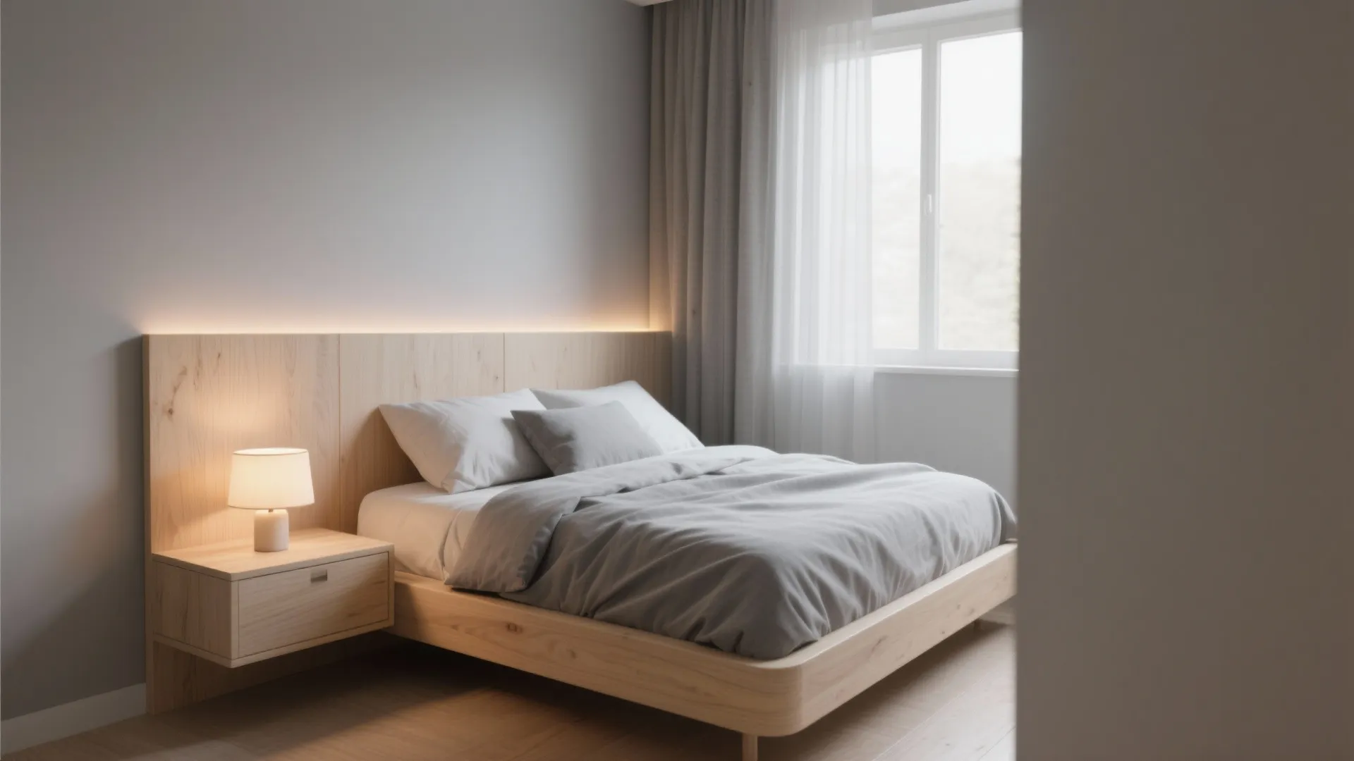 Minimalist bedroom with light wood bed grey bedding small table lamp and white sheer window curtains
