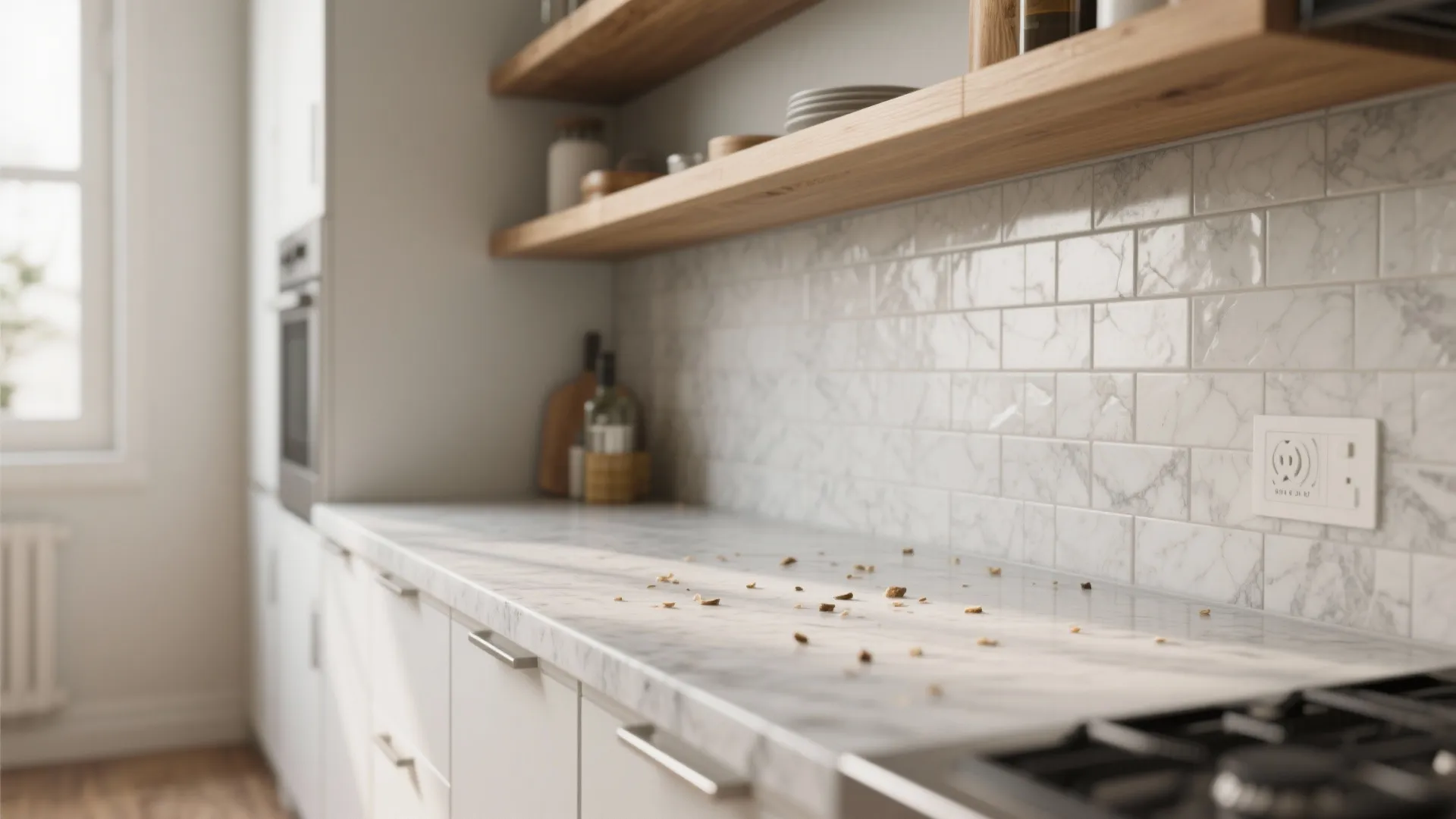 Modern kitchen with white marble countertop, wooden shelves, white wall tiles, and bright natural light