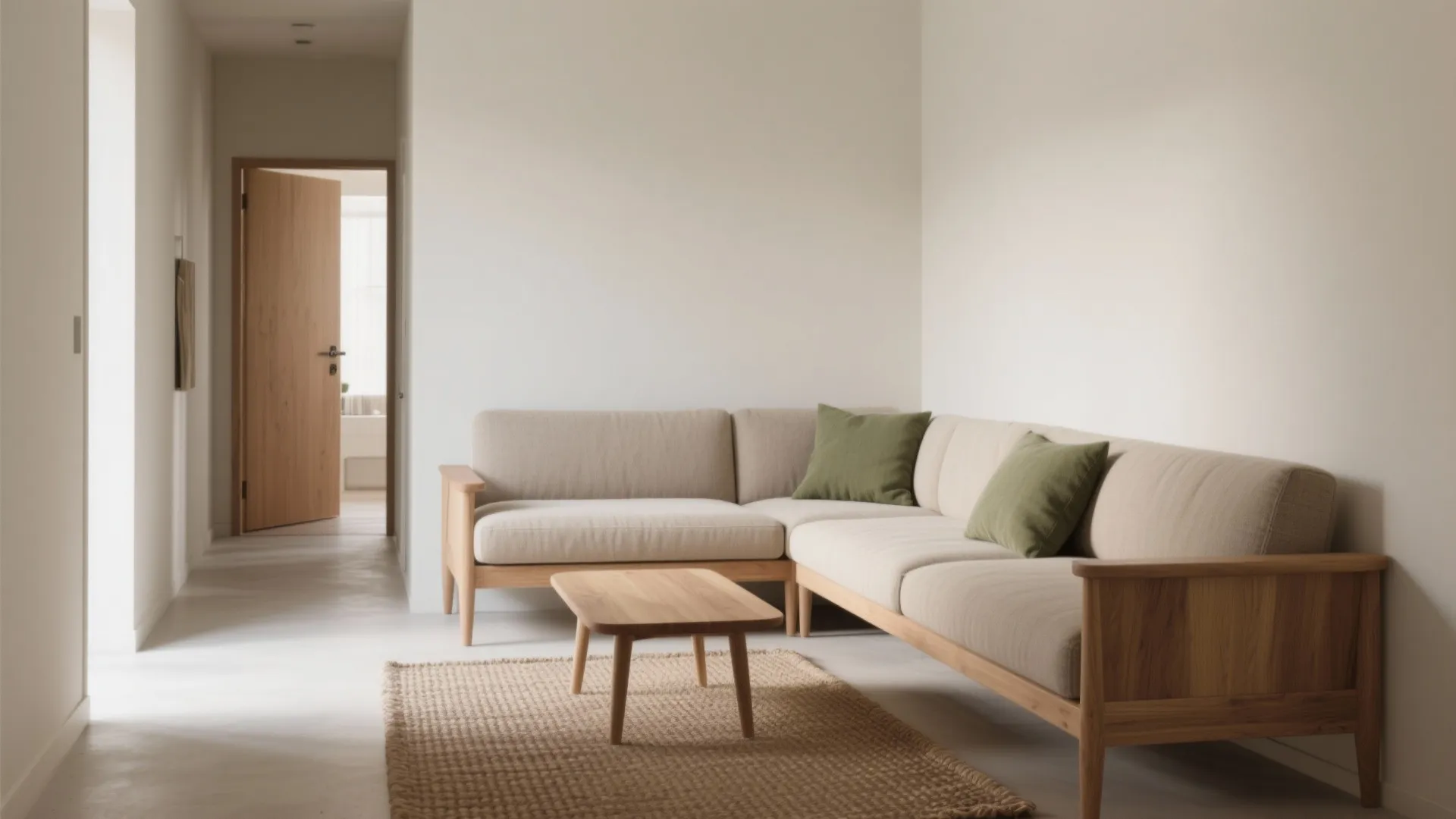 Modern living room featuring beige sofa with green cushions wooden coffee table and woven rug