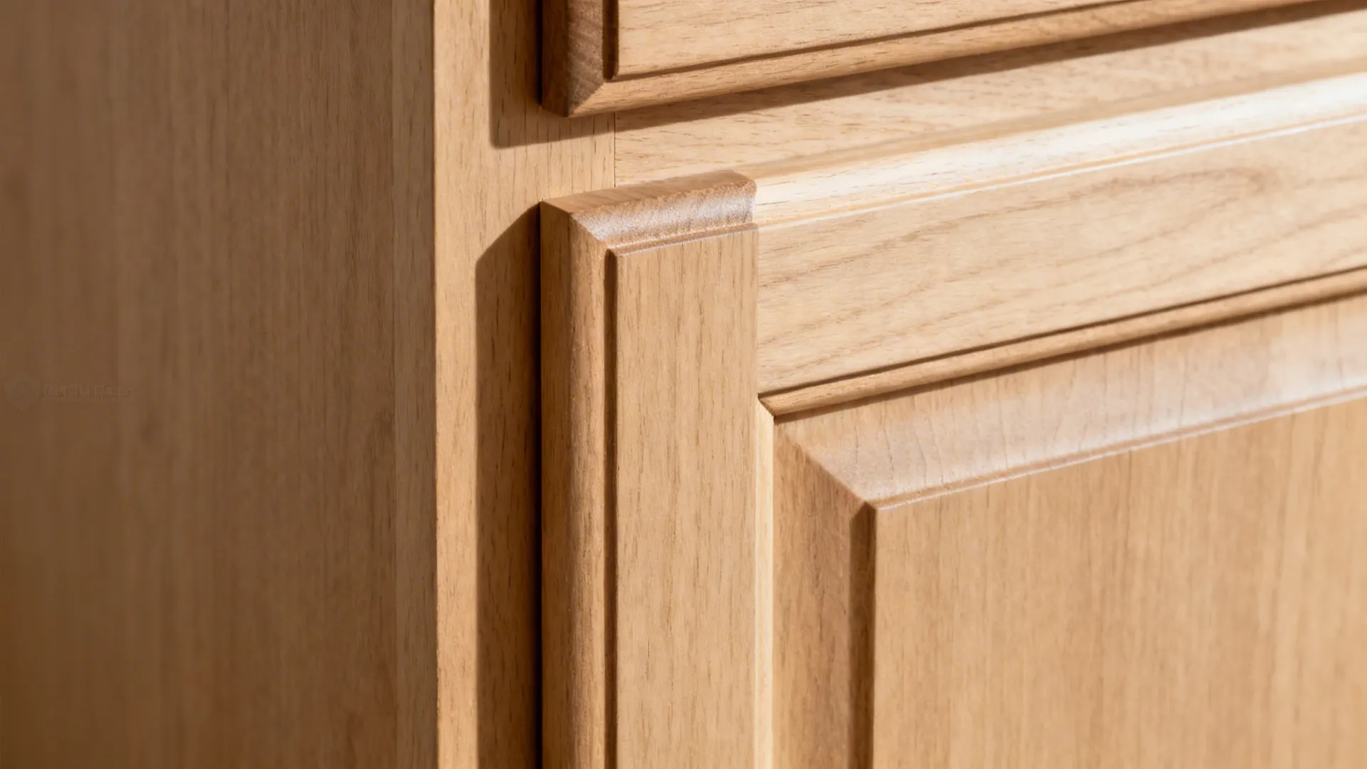 Close-up of ash shaker rail and stile meeting a slab drawer with a routed pull.