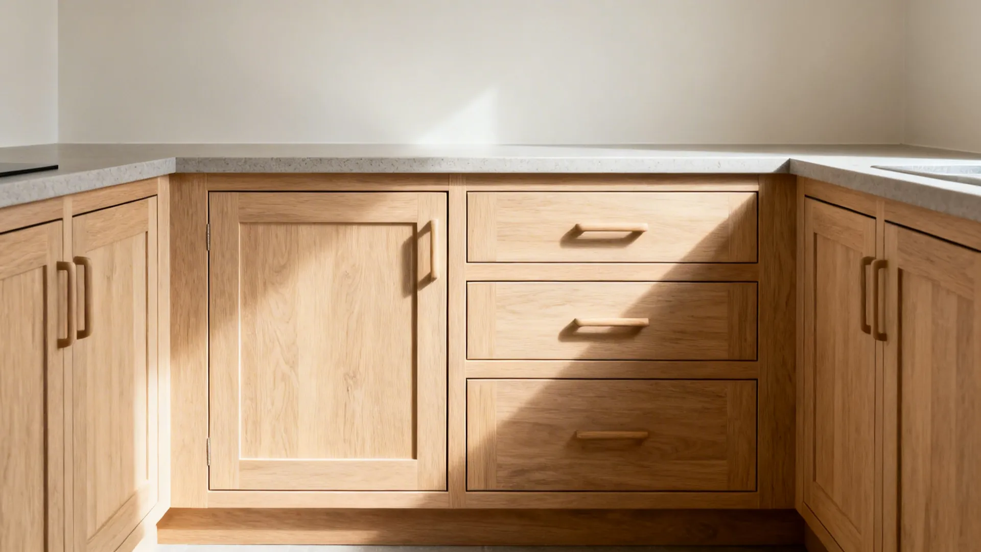 Shallow-profile ash shaker doors with slab drawer boxes and clean finger pulls in a small kitchen.