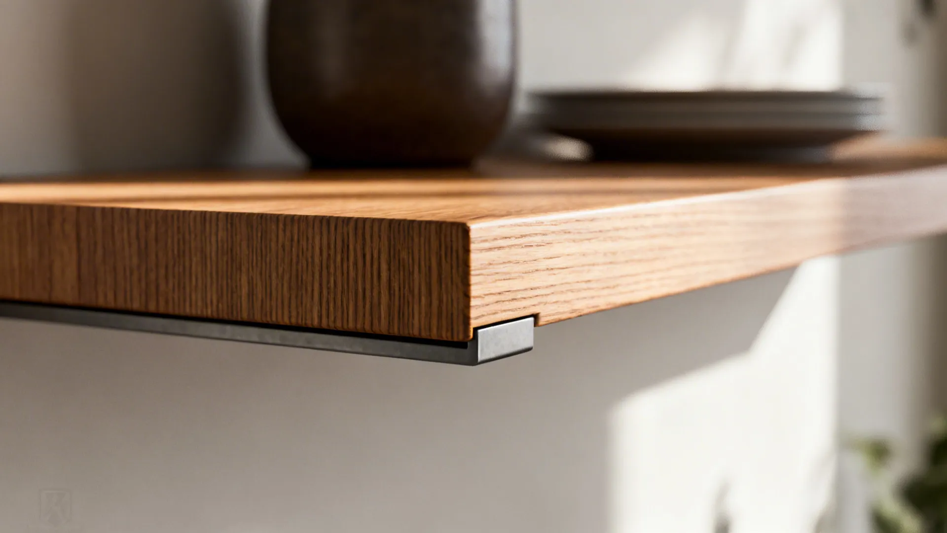 Macro detail of a thick ash floating shelf with fine grain and matte finish.