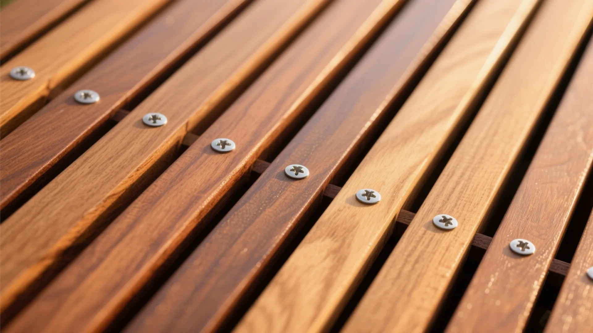 Close up of outdoor brown wood wall panels fixed with small silver screws in sunlight