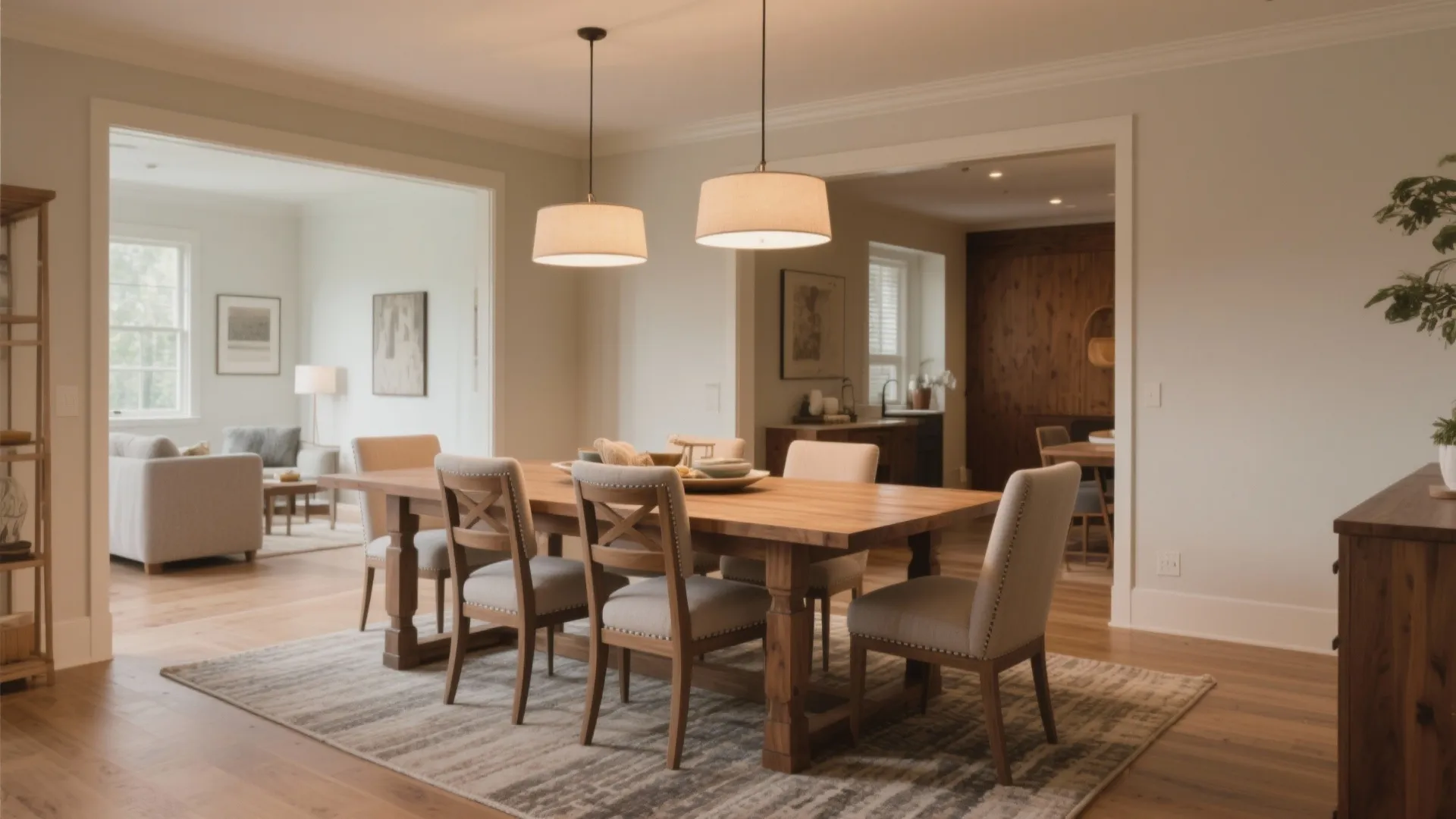 Wooden dining table with four beige chairs under two ceiling lights in bright open room