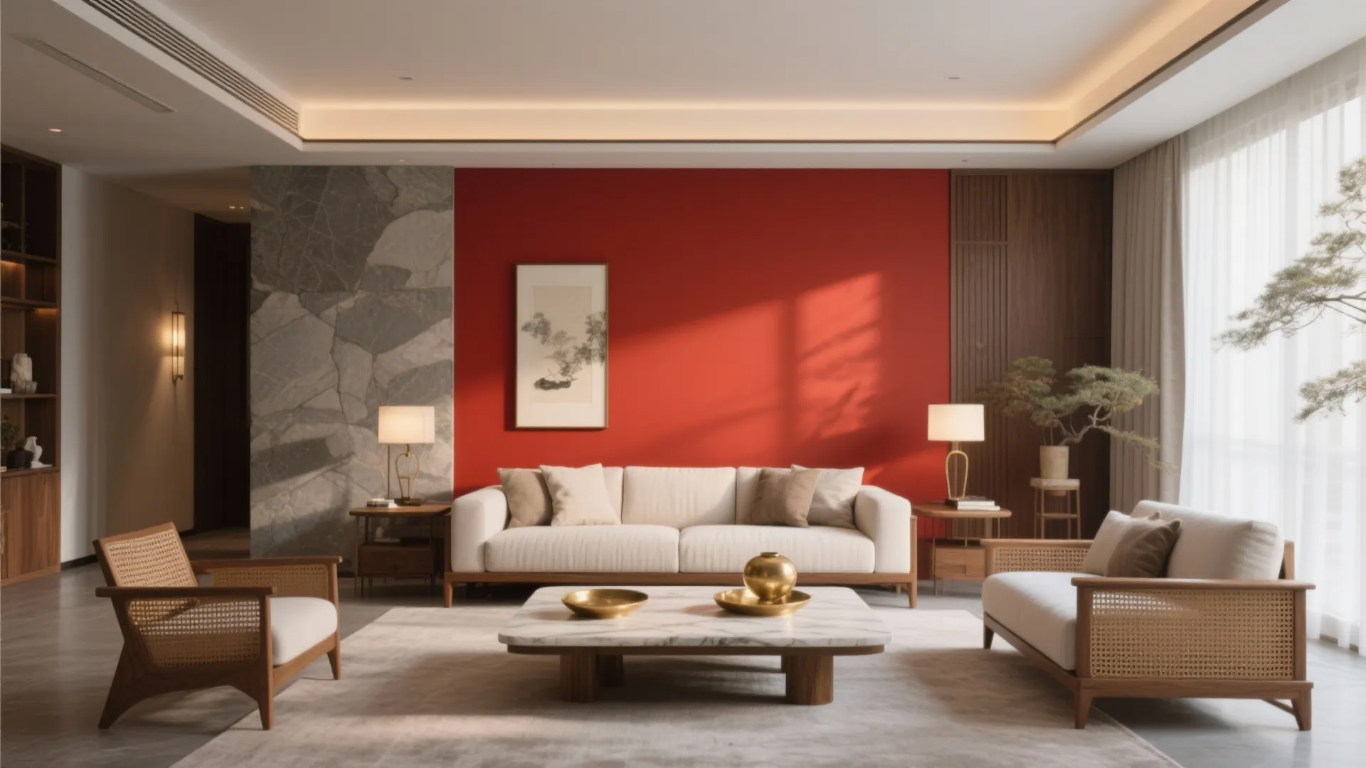 Modern living room with red wall, white sofa, stone wall panels, wooden furniture, and light