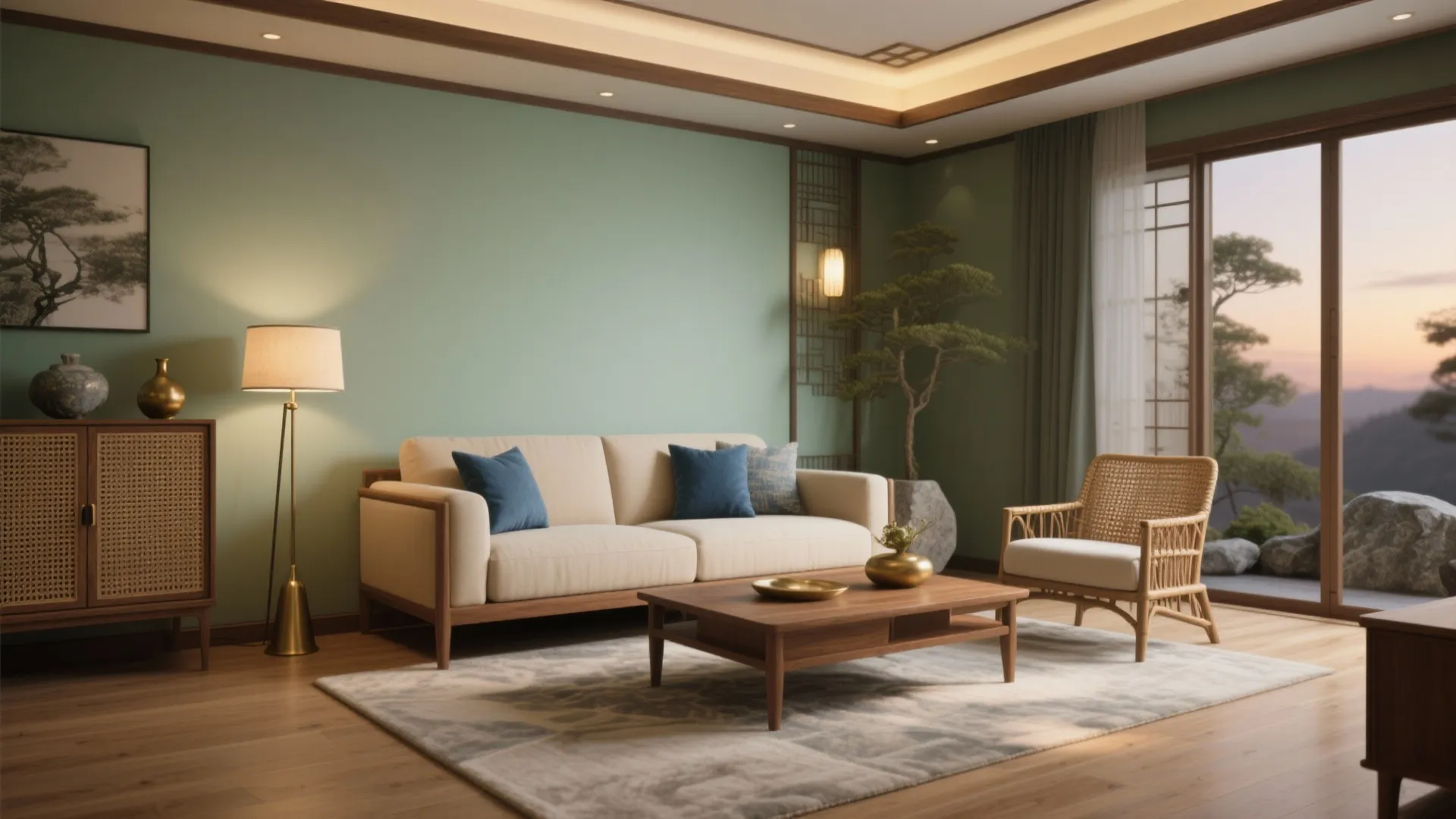 Peaceful living room with green walls, beige sofa, wooden coffee table, floor lamp, and plant