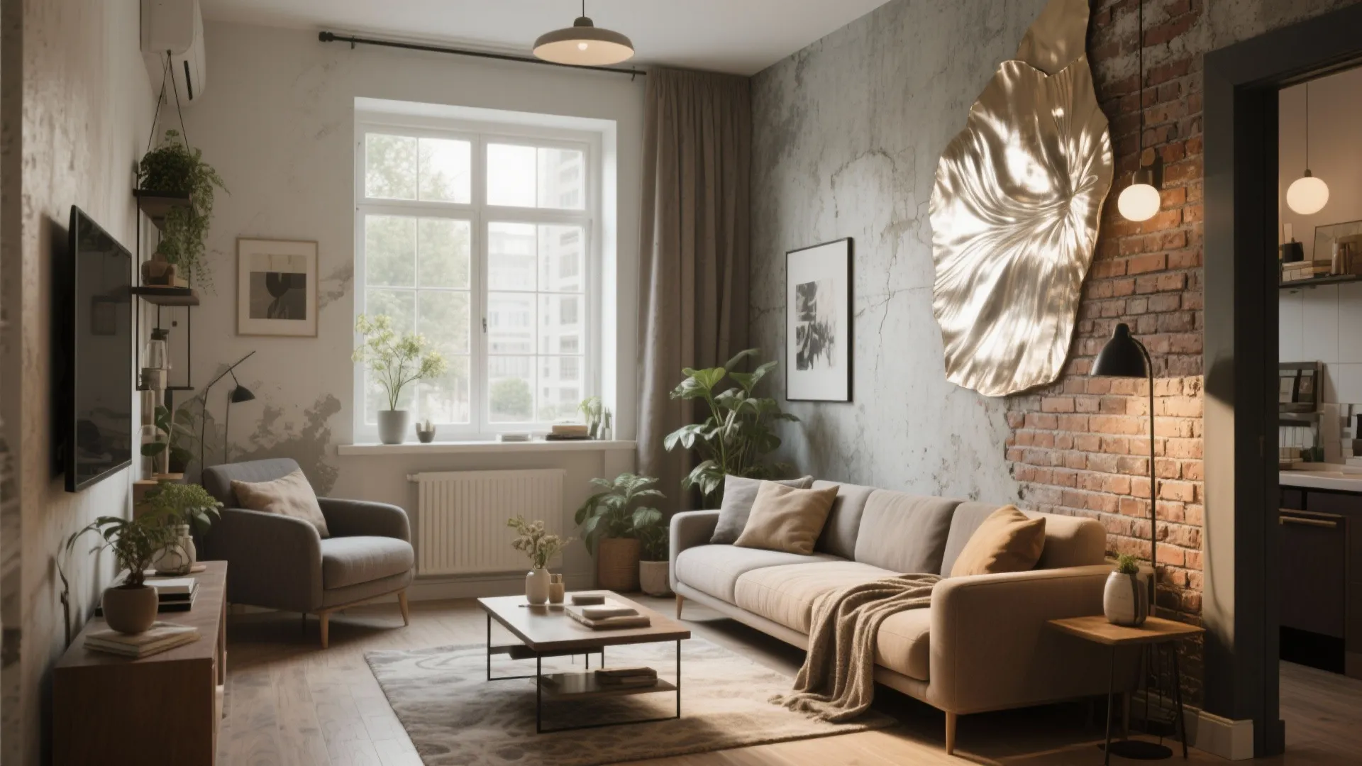 Industrial living room with beige sofa, brick wall, large gold wall decoration, window, and plants