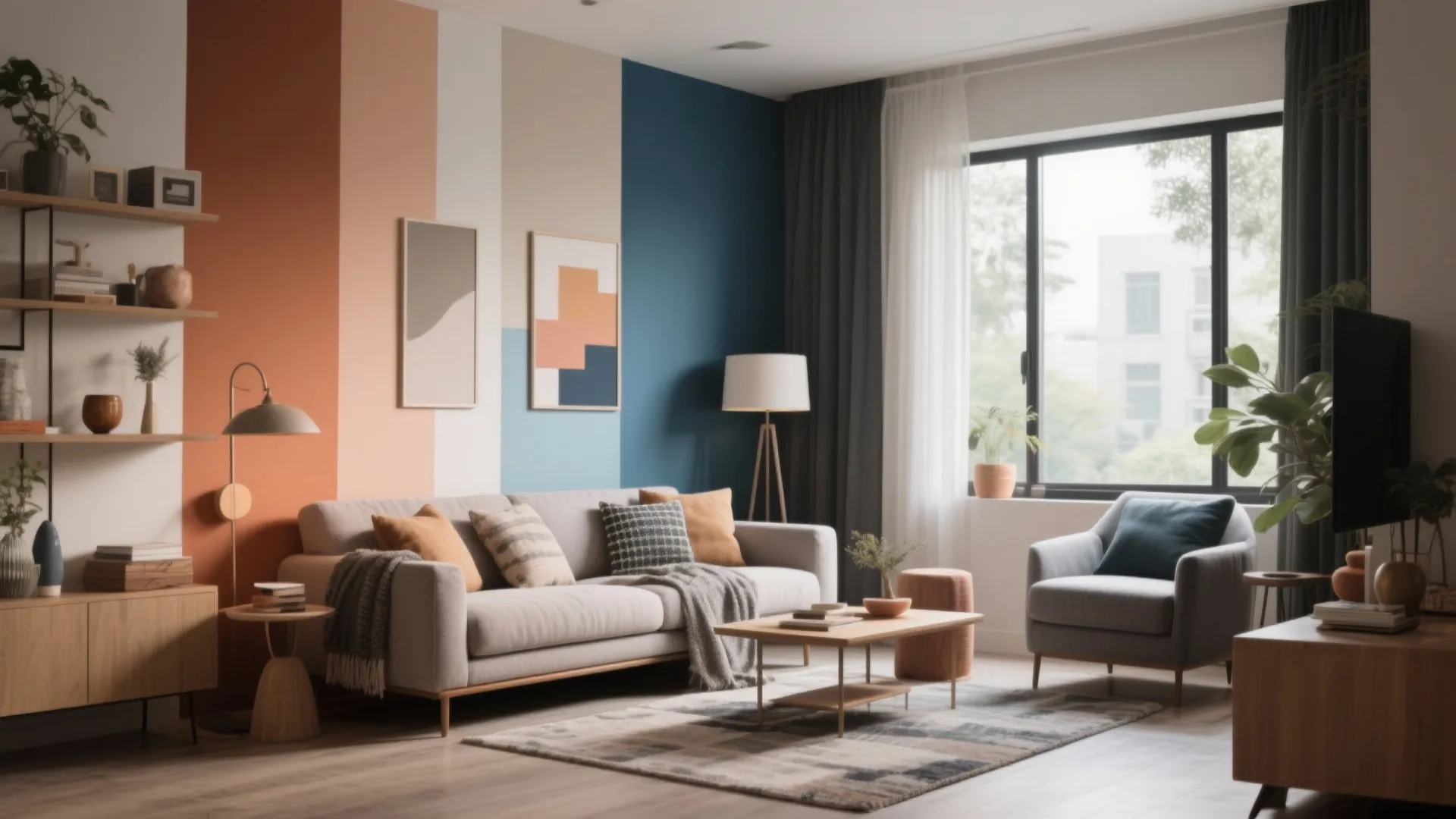 Colorful living room with striped feature wall grey sofa wooden furniture and a large window