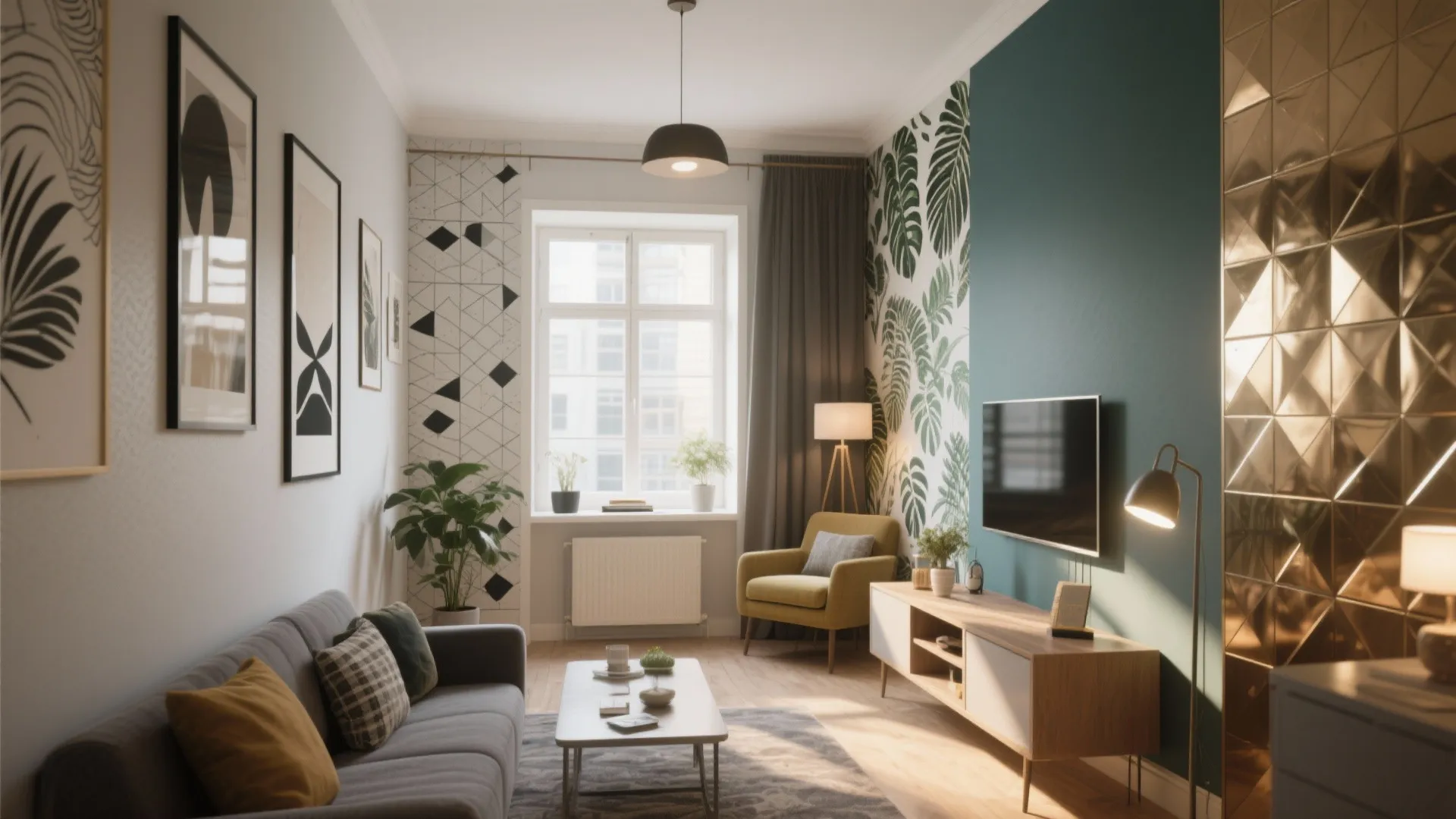 Modern living room featuring grey sofa yellow armchair wooden cabinet teal wall and green leaf wallpaper