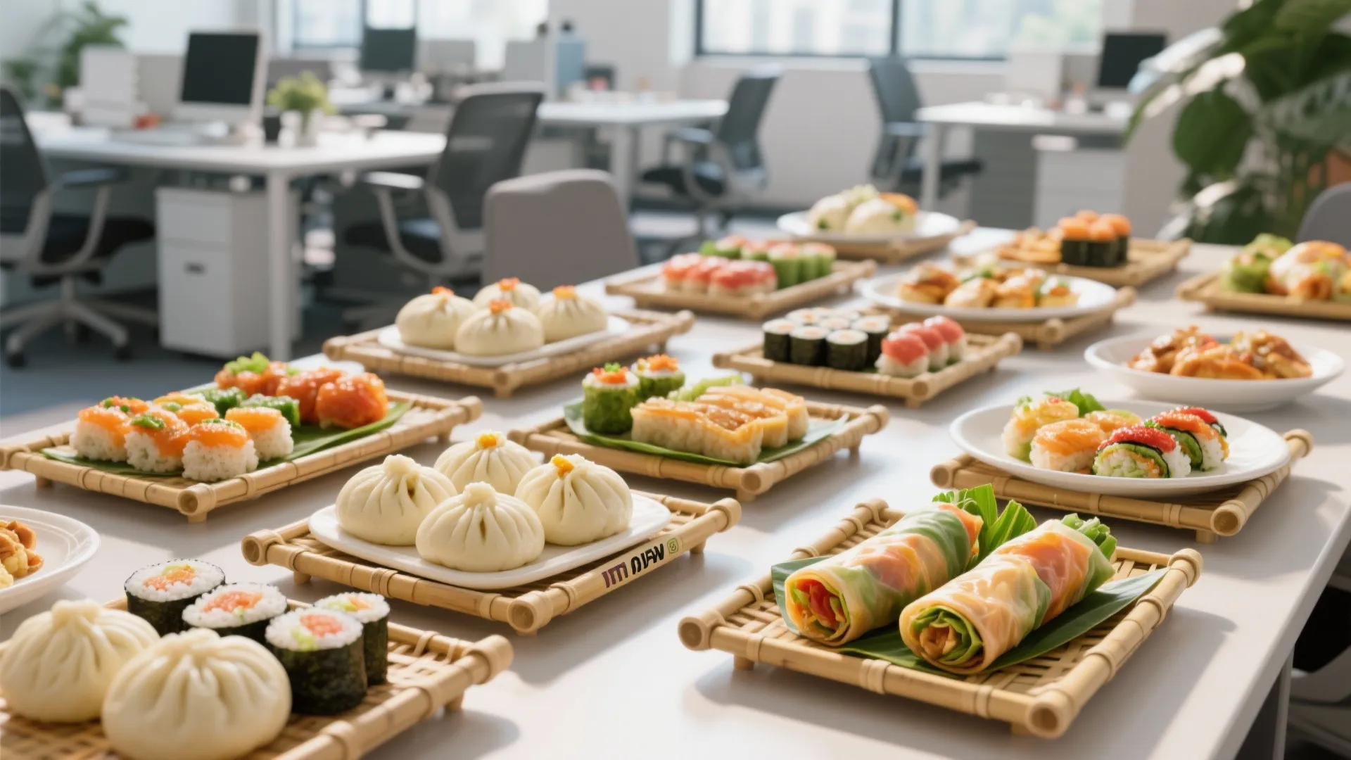 Plates of sushi and dumplings served on small bamboo trays inside a bright office space