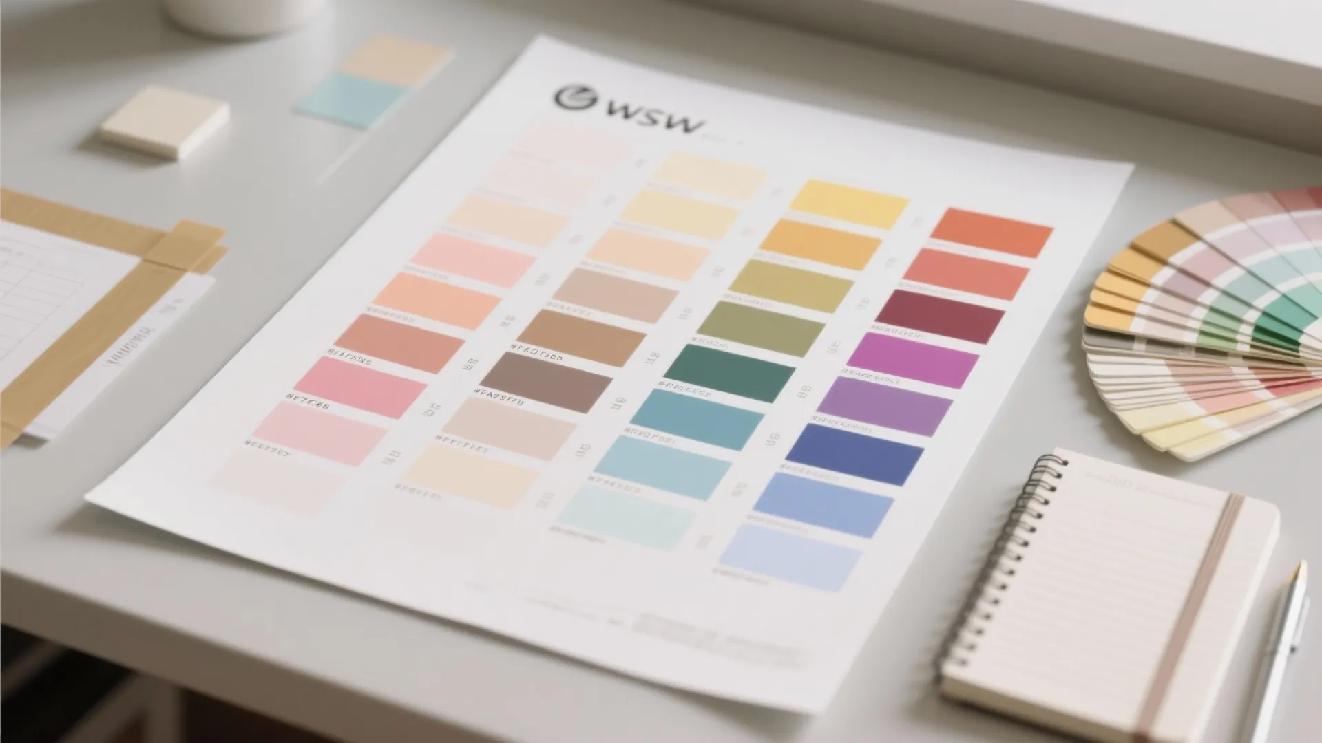 Color palette sheet with various paint samples on desk beside notebook and a color fan