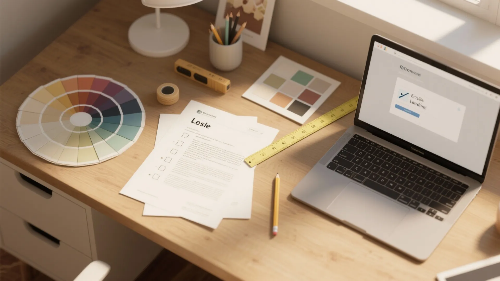 Laptop computer, color wheel, pencil, and paper documents on a wooden desk under soft light