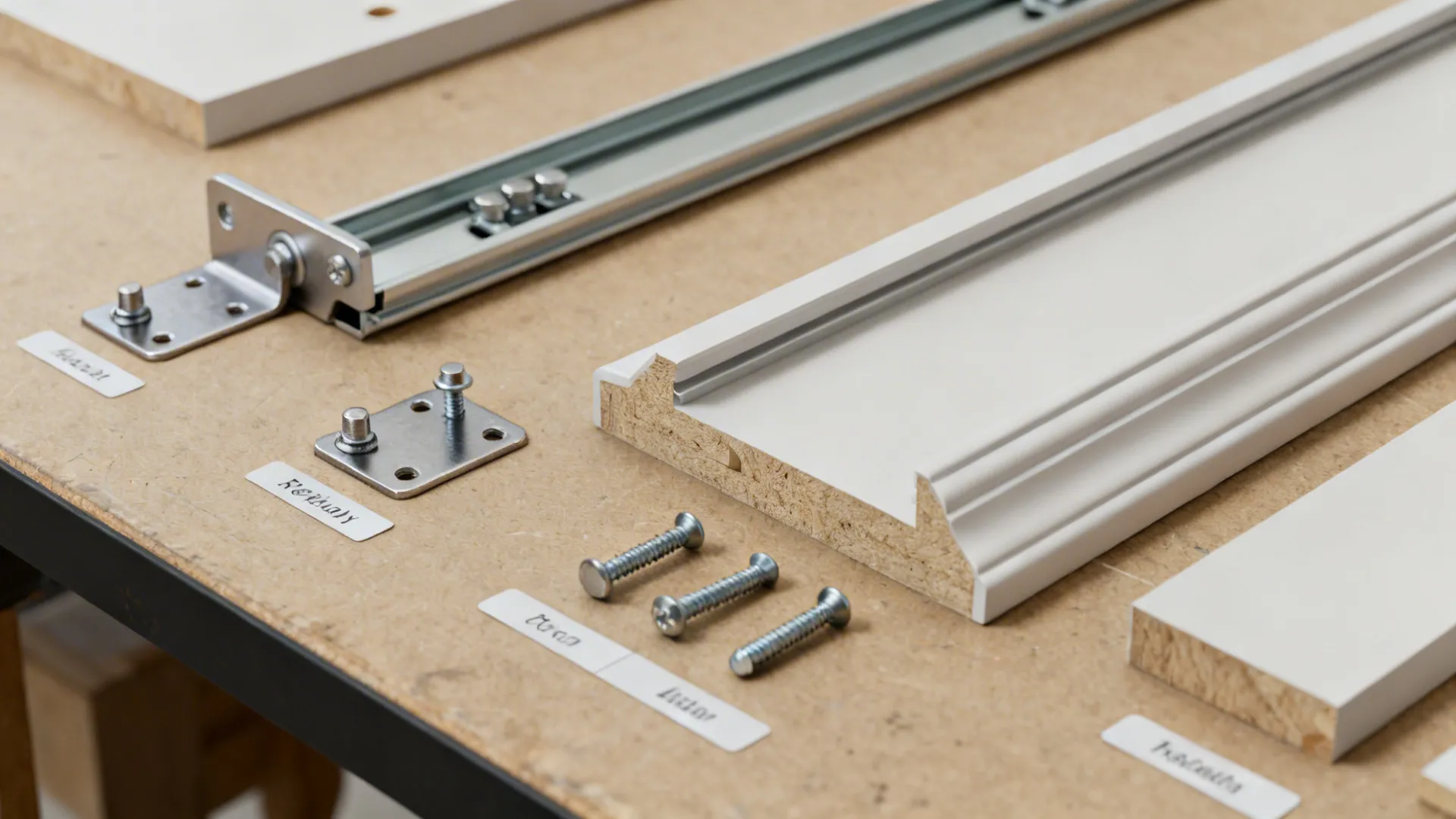 Close-up of assembly details: anchors, runners and trim for installing IKEA furniture in tight spaces.