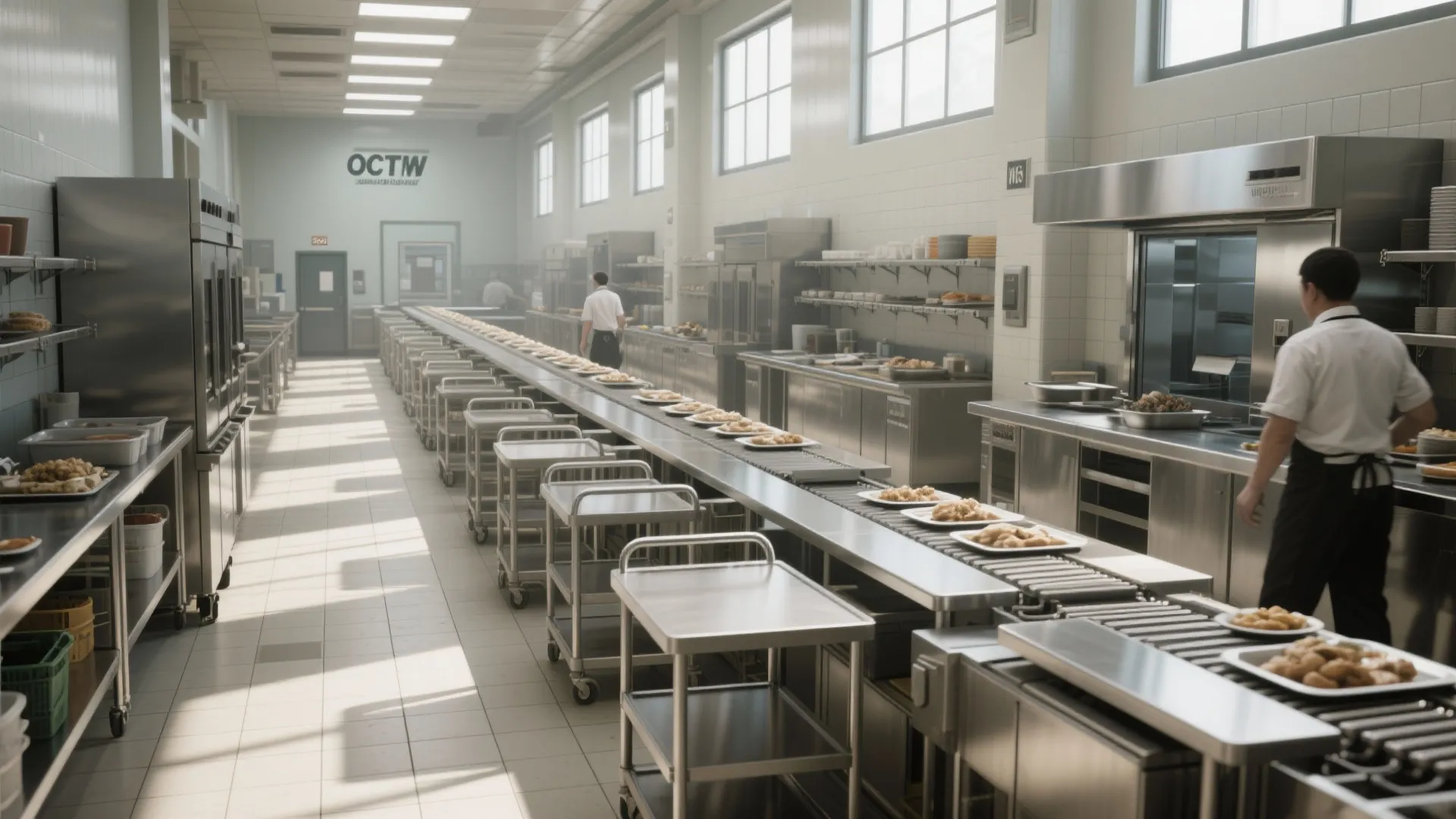 Commercial kitchen assembly line with many plates of food moving on long metal conveyor belt system