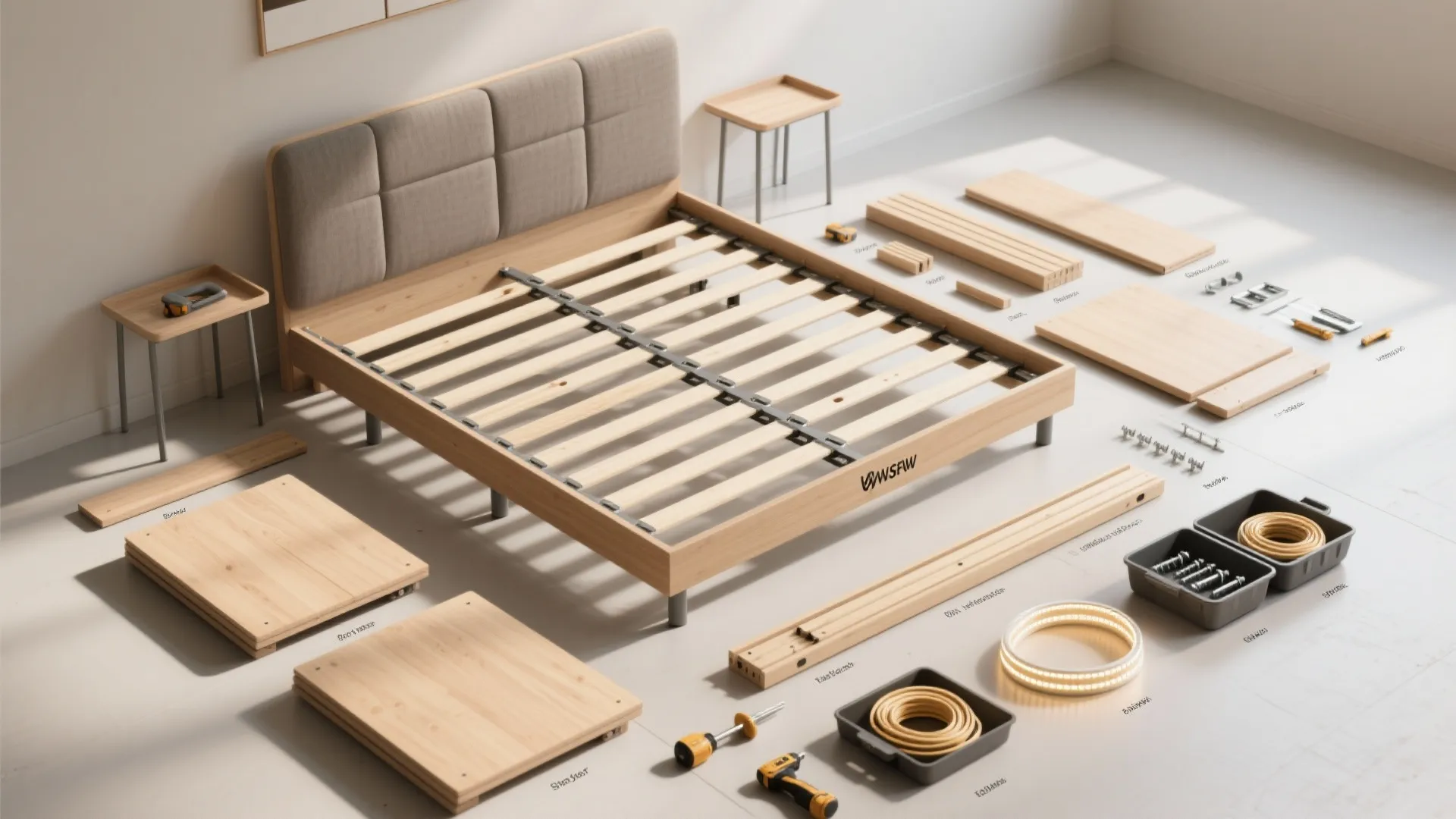 Partially assembled wooden bed frame with various parts and tools laid out for home assembly