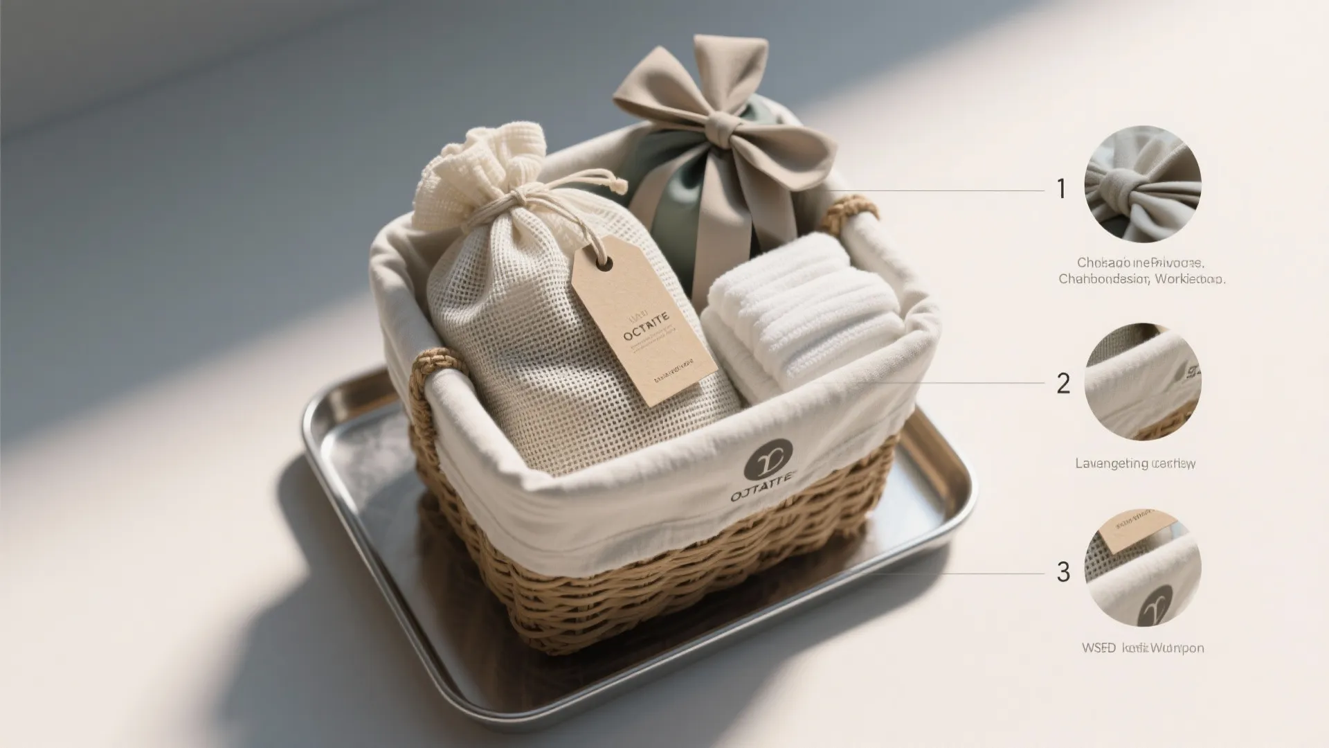 Woven gift basket on metal tray containing fabric pouches and white towels with numbered labels